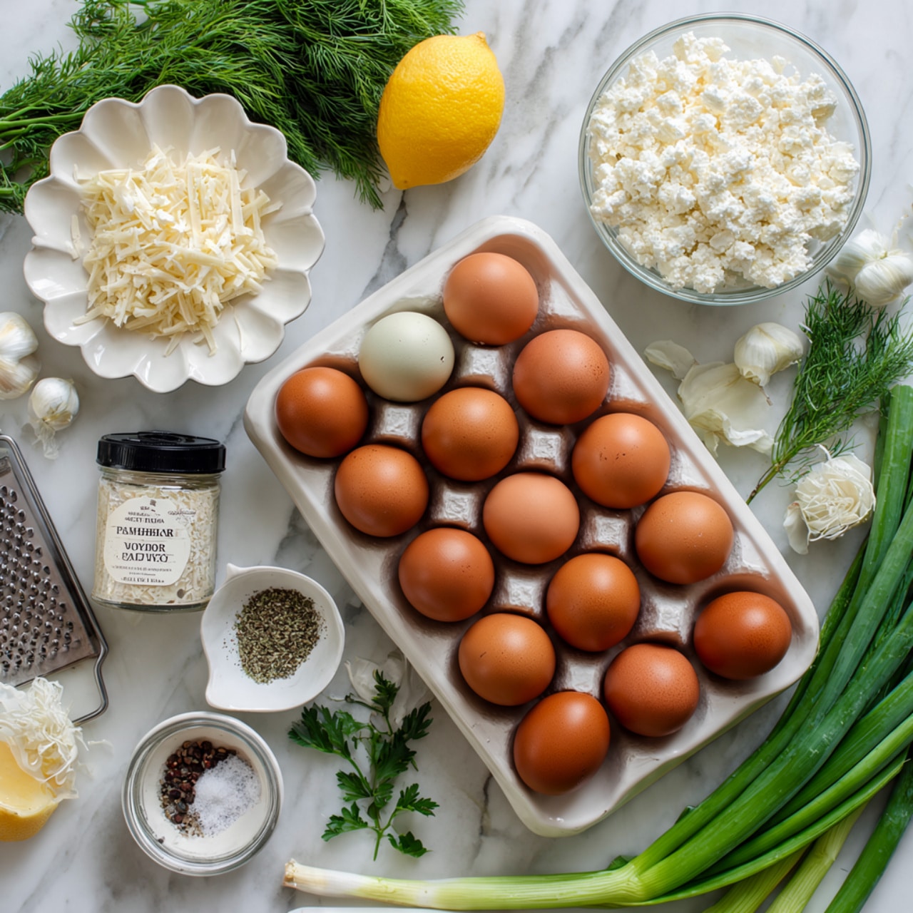 A white rectangular egg tray filled with a mix of brown and pale green eggs, surrounded by fresh green onions laid horizontally on a white marbled surface, a small plate with a whole lemon and lemon zest next to a metal grater, a glass bowl with white cottage cheese above, a flower-shaped white plate holding crumbled white cheese below, a glass bottle of garlic powder labeled in black text lying on its side, and a small white bowl with black pepper and salt. Fresh green herbs, including dill and parsley, are placed next to the plates photo taken with an iphone --ar 4:5 --v 7