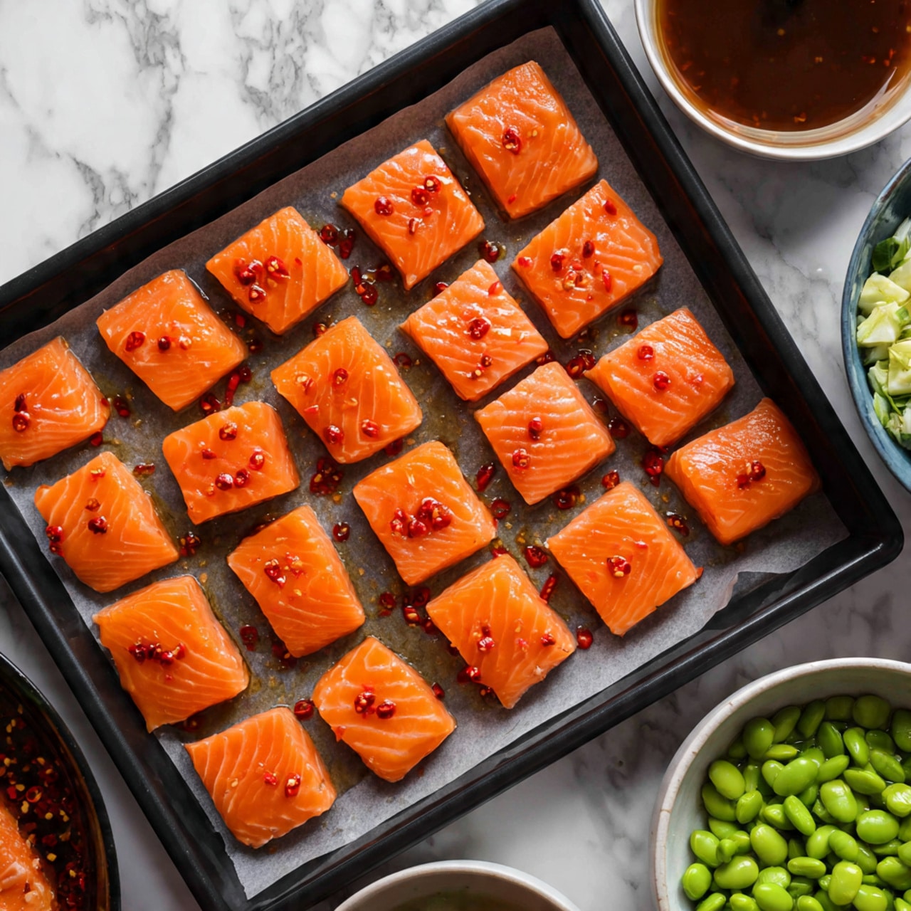 The image shows a black baking tray lined with parchment paper, filled with 24 evenly arranged pieces of bright orange salmon, cut into uniform square shapes. Each piece has a shiny, smooth texture with a light glaze and small red chili flakes scattered on top, giving a slightly spicy look. The tray is placed on a surface with a white marbled texture. Around the tray, there are bowls partially visible, one with a dark brown sauce, one with a light cream-colored dressing, and another with chopped green vegetables including edamame and cucumber. The photo taken with an iphone --ar 4:5 --v 7