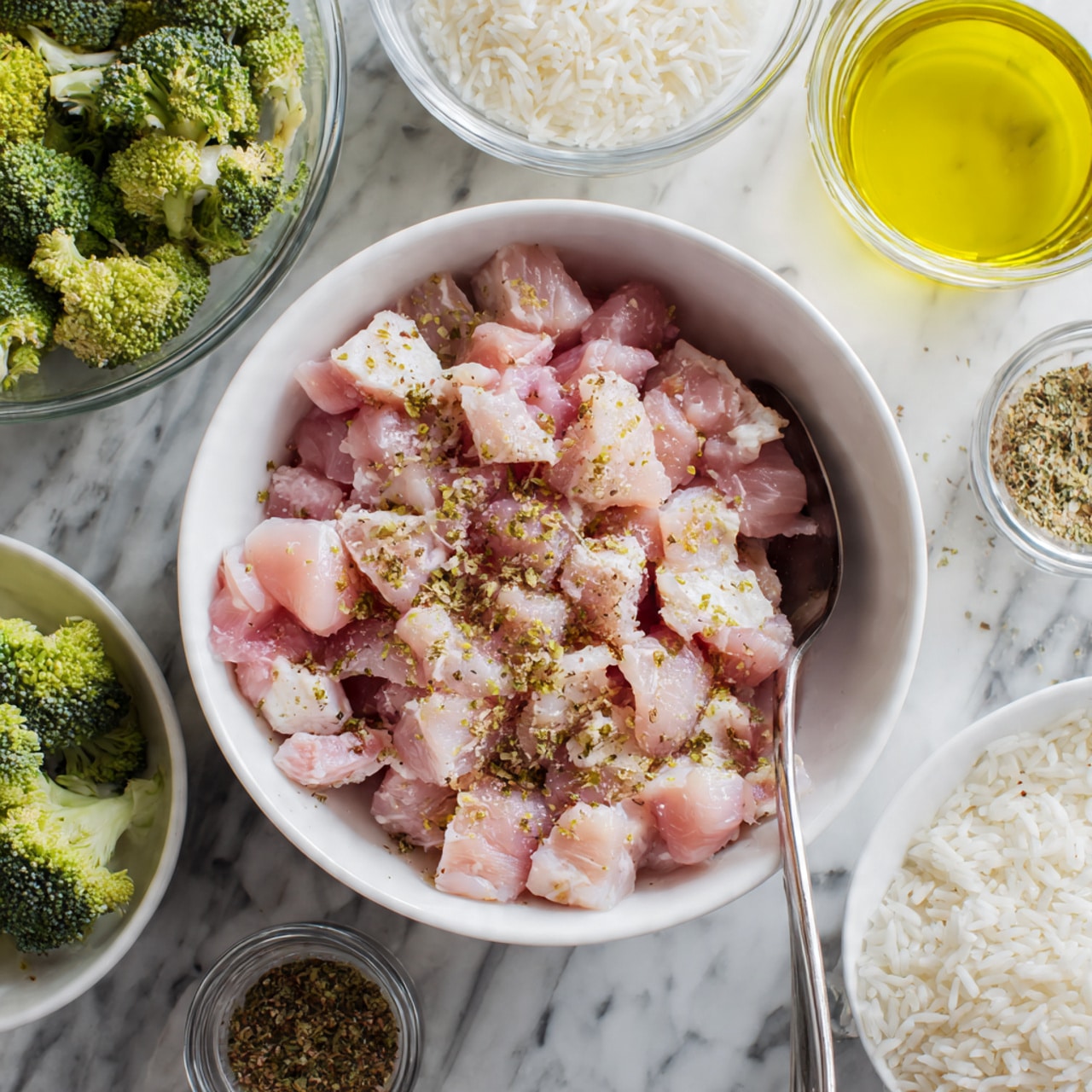 A white bowl filled with cut pieces of raw pink chicken on a white marbled surface, sprinkled with light brown and off-white spices, with a silver spoon partially resting inside the bowl on the right side. Surrounding the bowl are small uncooked broccoli florets, a glass measuring cup with bright green broccoli, a bowl of raw white rice, a yellow liquid in a glass container, and upside-down spice jars. photo taken with an iphone --ar 4:5 --v 7