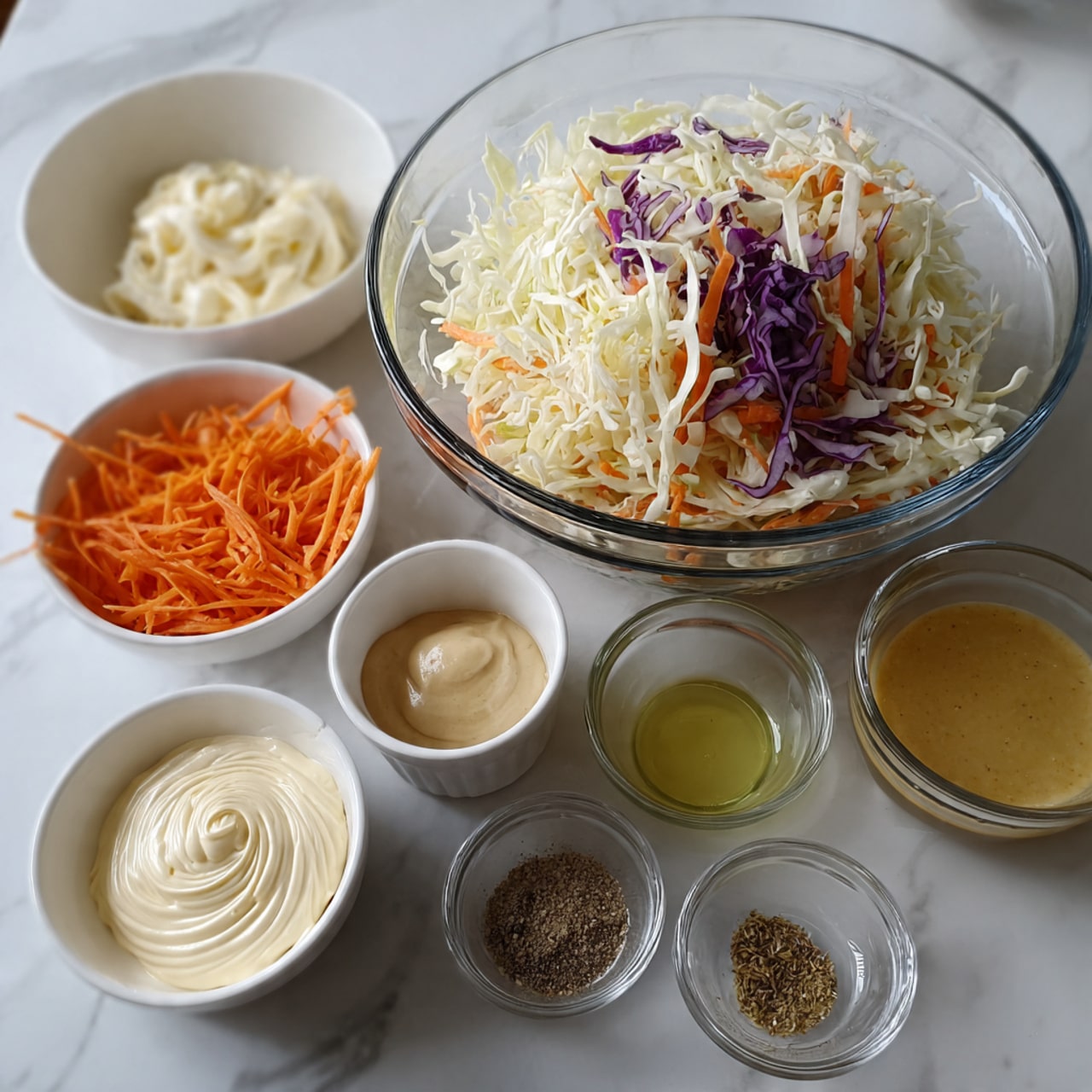 A large clear glass bowl filled with a mix of shredded white and purple cabbage and thin orange carrot strips sits on a white marbled surface. Around it are small white and clear glass bowls, each holding different ingredients: one with thick creamy white mayonnaise showing swirl patterns, one with a beige mustard mixture, a pale yellow liquid in a white bowl, a light greenish-yellow liquid in another white bowl, and several small clear bowls with various powdered spices and black pepper. All the items are neatly arranged, with the large bowl of cabbage mixture as the focus. photo taken with an iphone --ar 4:5 --v 7