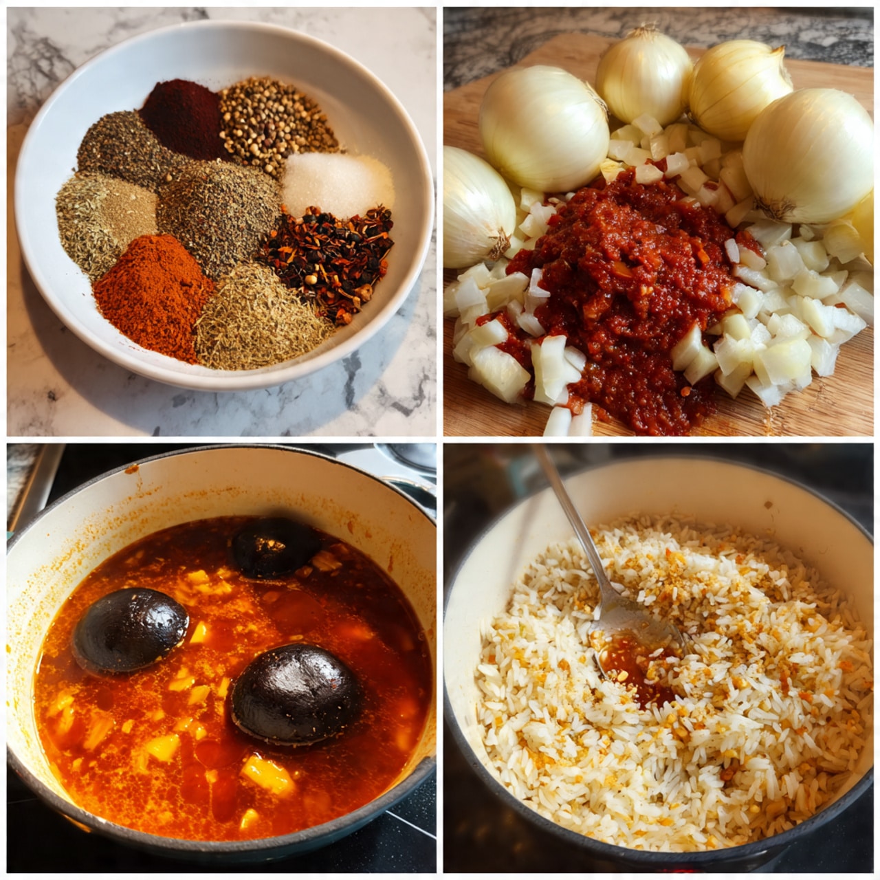 The image shows a four-step cooking process arranged in a 2x2 grid. The top left frame displays a white bowl on a white marbled surface filled with seven different dry spices, each spread in small piles and different shades of browns, reds, and tans. The top right frame shows a close view of diced onions and garlic in a pot with bright red tomato paste and a spoon adding brown spices on top, all with a soft texture in warm light. The bottom left frame features a pot with a rich orange-red liquid and two whole black mushrooms simmering in it, with a shiny clear broth surface. The bottom right frame shows the same pot now filled with fluffy cooked rice mixed with tiny pieces of red tomato, with the two black mushrooms sitting on top, the rice having a moist but separated texture. The pot has gold handles, and all the scenes have a white marbled countertop background. Photo taken with an iphone --ar 4:5 --v 7
