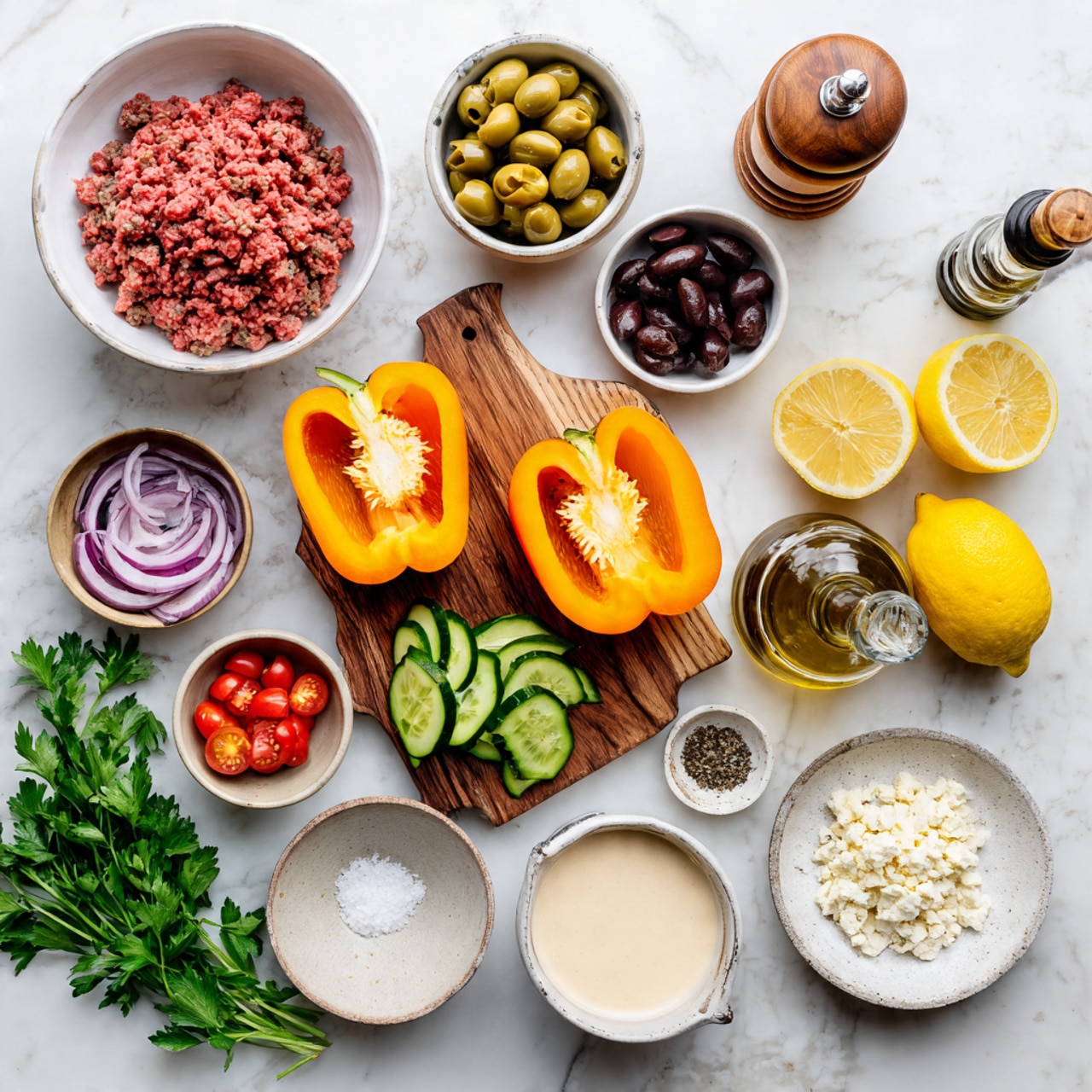 This image shows fresh cooking ingredients placed neatly on a white marbled surface. At the center is a wooden board holding two bright orange bell pepper halves and scattered green zucchini slices. To the left, a white bowl is filled with red ground meat, while nearby a smaller white bowl holds chopped red onions. Above these are small white bowls carrying sliced olives, cherry tomato halves, a creamy beige sauce, and smooth honey. A plate with two yellow lemon halves and a wooden lemon squeezer sits near the top right. A small bowl of white crumbled cheese, a white bowl with salt, a glass bottle of olive oil, a wooden pepper grinder, and fresh green parsley sprigs complete the layout. Everything is arranged in a tidy and colorful way, ready for a recipe. Photo taken with an iphone --ar 4:5 --v 7
