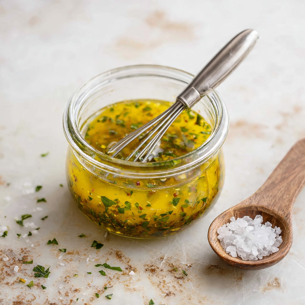 A small clear glass jar filled with a yellow sauce mixed with green herbs, showing a smooth texture with tiny bits. A silver mini whisk sits inside the jar, partially submerged in the sauce. The jar is placed on a white marbled surface with light brown and grey specks and stains, giving a rustic feel. Part of a wooden spoon filled with coarse white salt is visible in the lower right corner. Photo taken with an iphone --ar 4:5 --v 7