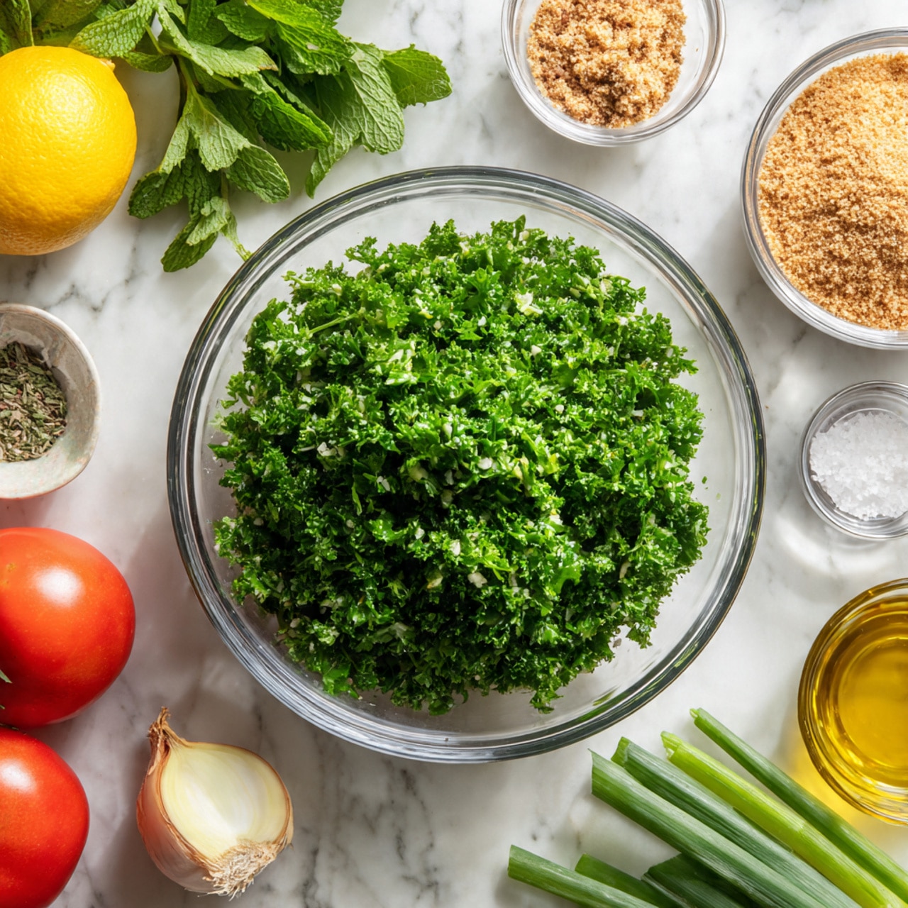 A clear glass bowl filled with a large bunch of bright green curly parsley sits in the center on a white marbled surface. Surrounding the bowl are fresh ingredients placed neatly around it: on the left side, there is a whole yellow lemon, a small bunch of fresh mint leaves, and a glass bowl with light brown breadcrumbs. On the right side, there are two red Roma tomatoes, three long green onions with white bulbs, a small bowl with coarse salt and pepper, and a small glass jar of golden olive oil. The scene is clean and fresh, with even lighting, and the white marbled surface adds a soft, elegant texture to the background. Photo taken with an iphone --ar 4:5 --v 7