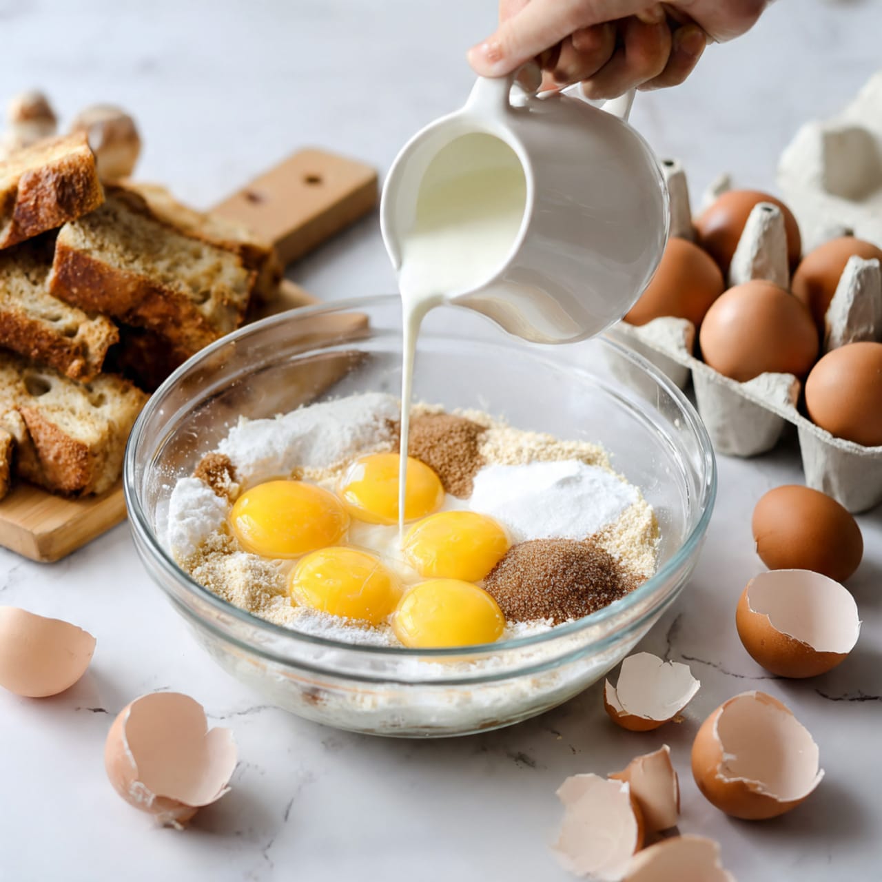 A clear glass bowl sits on a white marbled surface, filled with six raw eggs with bright yellow yolks, white cream, light brown sugar, a small dark brown spice pile, and a small white pile of salt. A woman's hand pours white milk from a small white ceramic pitcher into the bowl. Nearby, pieces of light brown bread sit on a wooden board, and broken brown eggshells lay around a white egg carton. Photo taken with an iphone --ar 4:5 --v 7