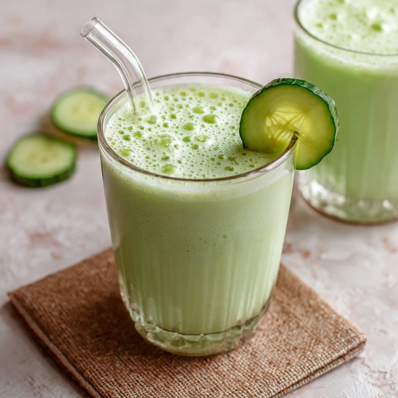 The image shows a clear glass filled with a light green creamy drink, topped with small bubbles on the surface. A fresh cucumber slice with a dark green edge is placed on the rim of the glass on the right side. A clear glass straw is inserted into the drink from the left side. The glass is resting on a brown textured mat, and the background has a soft focus with a white marbled texture. Another glass with the same drink is partially visible in the top left corner, also with a clear straw. photo taken with an iphone --ar 4:5 --v 7