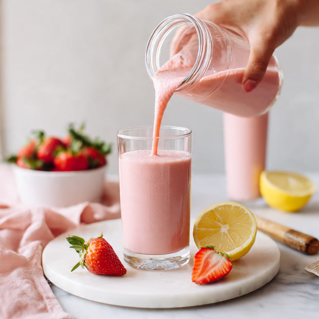 A clear glass is placed on a white marbled round tray, being filled with a thick, light pink smoothie that flows smoothly from a glass jar held by a woman's hand at the top left. Around the glass, there are three whole strawberries with green leaves, two strawberry halves showing the red inside, and a lemon half with yellow flesh. A small white bowl filled with strawberries is seen in the background on the left side, and a tall glass of the same pink smoothie stands slightly blurred in the back right. The surface is a white marbled texture with a soft pink cloth slightly visible on the bottom left corner, and a small wooden-handled tool lies near the front right. The photo taken with an iphone --ar 4:5 --v 7