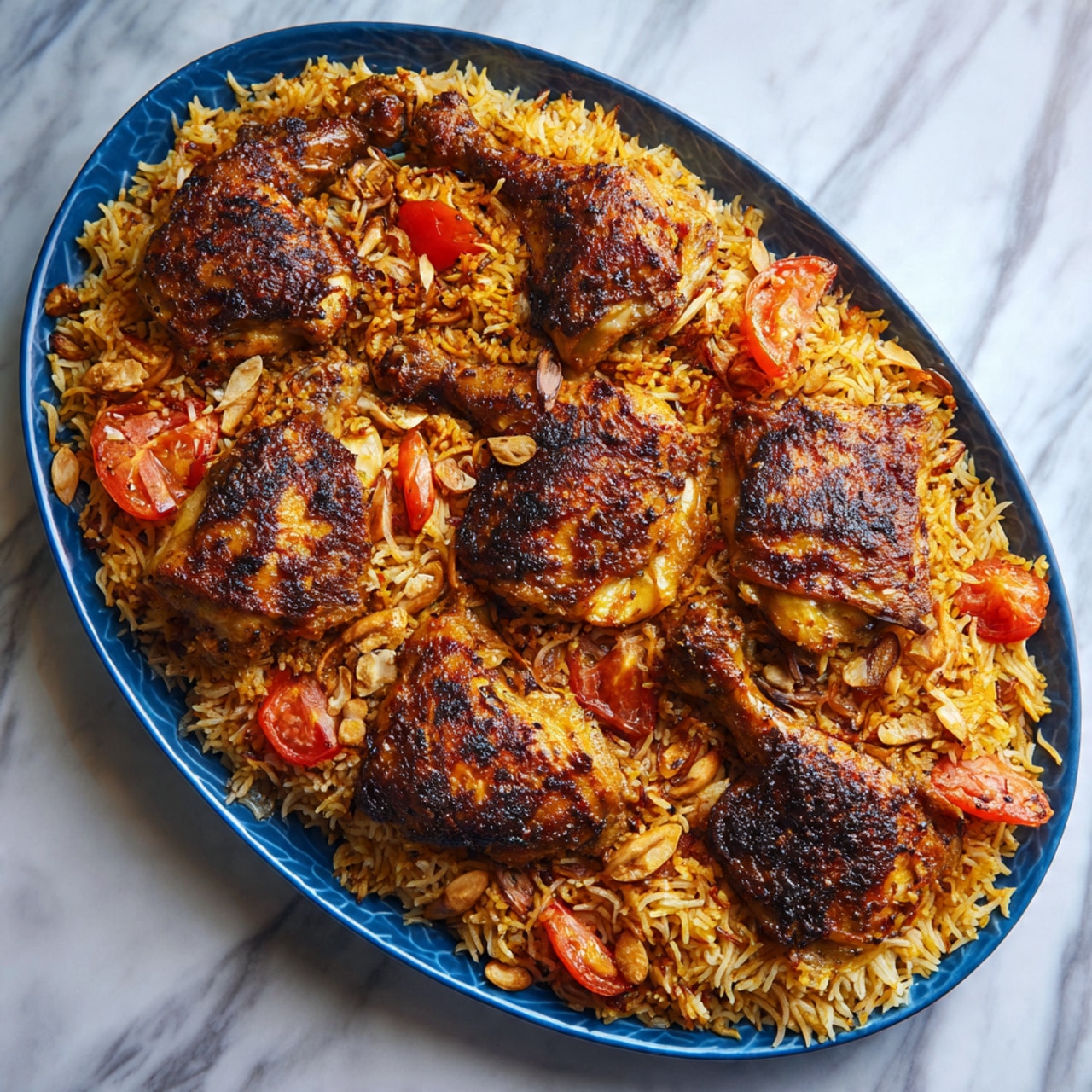 A large white oval plate filled with a base layer of brownish spiced rice mixed with golden sliced almonds and dark dried raisins scattered throughout. On top, there are seven browned, roasted chicken pieces evenly spread, showing crisp, slightly charred skin with a reddish-orange tint from spices. Small green parsley leaves are sprinkled over the entire dish for a touch of freshness. To the side, a spoon rests on the plate, partially buried in the rice. The background is a white marbled texture with a small white bowl of white sauce visible at the top left corner and a red patterned cloth partially draped at the bottom right. Photo taken with an iphone --ar 4:5 --v 7