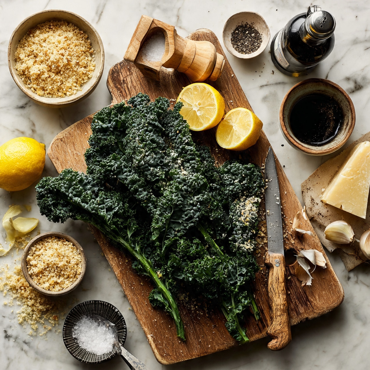 The image shows a wooden cutting board on a white marbled surface. On the board, there are fresh dark green kale leaves spread out mostly in the center and right side. A knife with a wooden handle lies partly under the kale on the right side. Near the top of the board, there is a wooden lemon squeezer and two lemon halves, one whole and one squeezed, placed beside it. To the left, there is a small beige bowl filled with golden brown bread crumbs, some crumbs scattered around it. Above that, some garlic cloves are placed next to a small wooden cup with a dark liquid, a small bowl of white salt, and another small bowl filled with black ground pepper. Near the top edge, a large bottle of dark oil or sauce stands with a black cap on its side. At the top right corner, a beige bowl contains light-colored grated cheese flakes. photo taken with an iphone --ar 4:5 --v 7