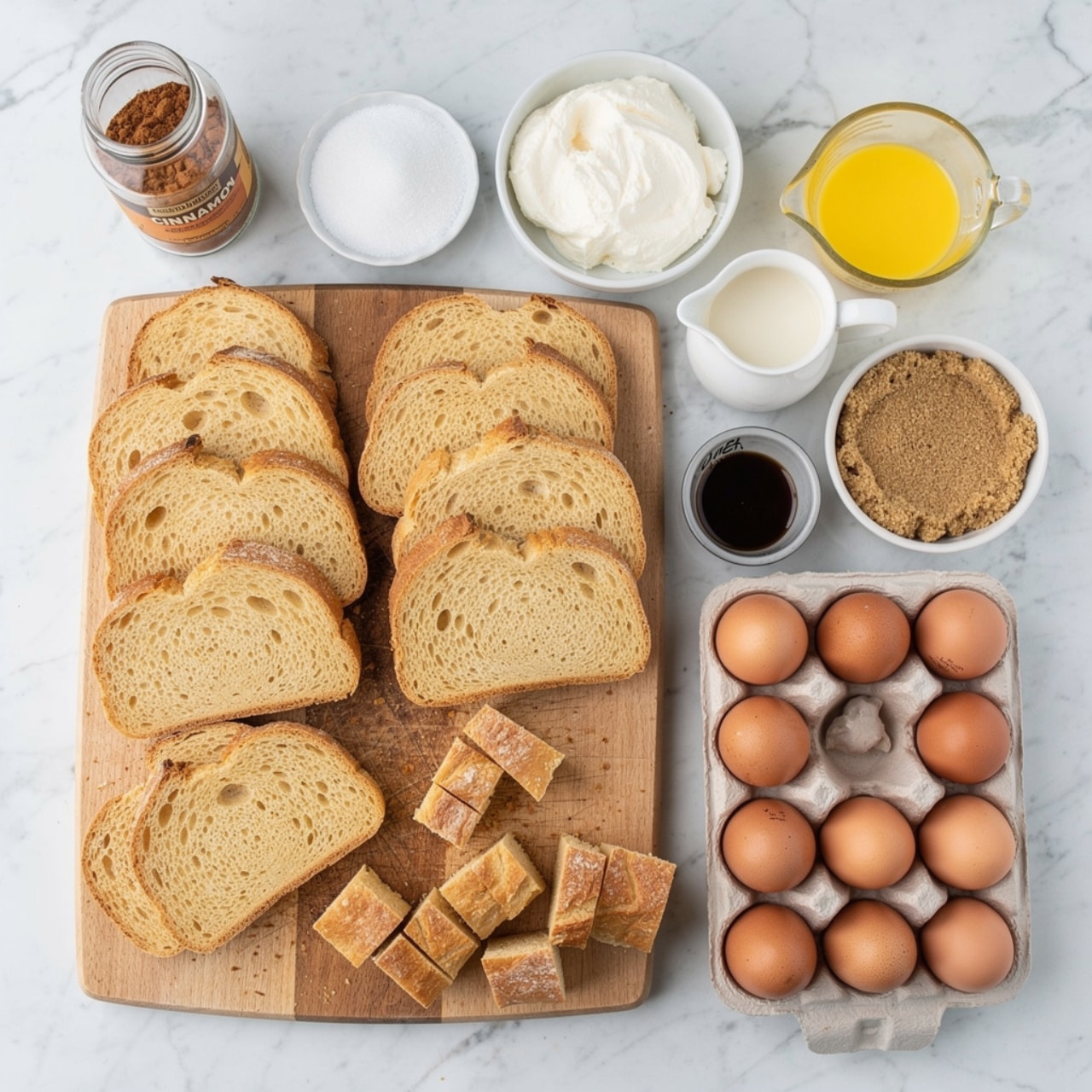 The image shows a wooden board on a white marbled surface holding sliced pieces of golden brown bread with a crusty texture, some cut into small cubes at the board’s edge. Around it are several ingredients arranged neatly: a glass jar filled with cinnamon labeled