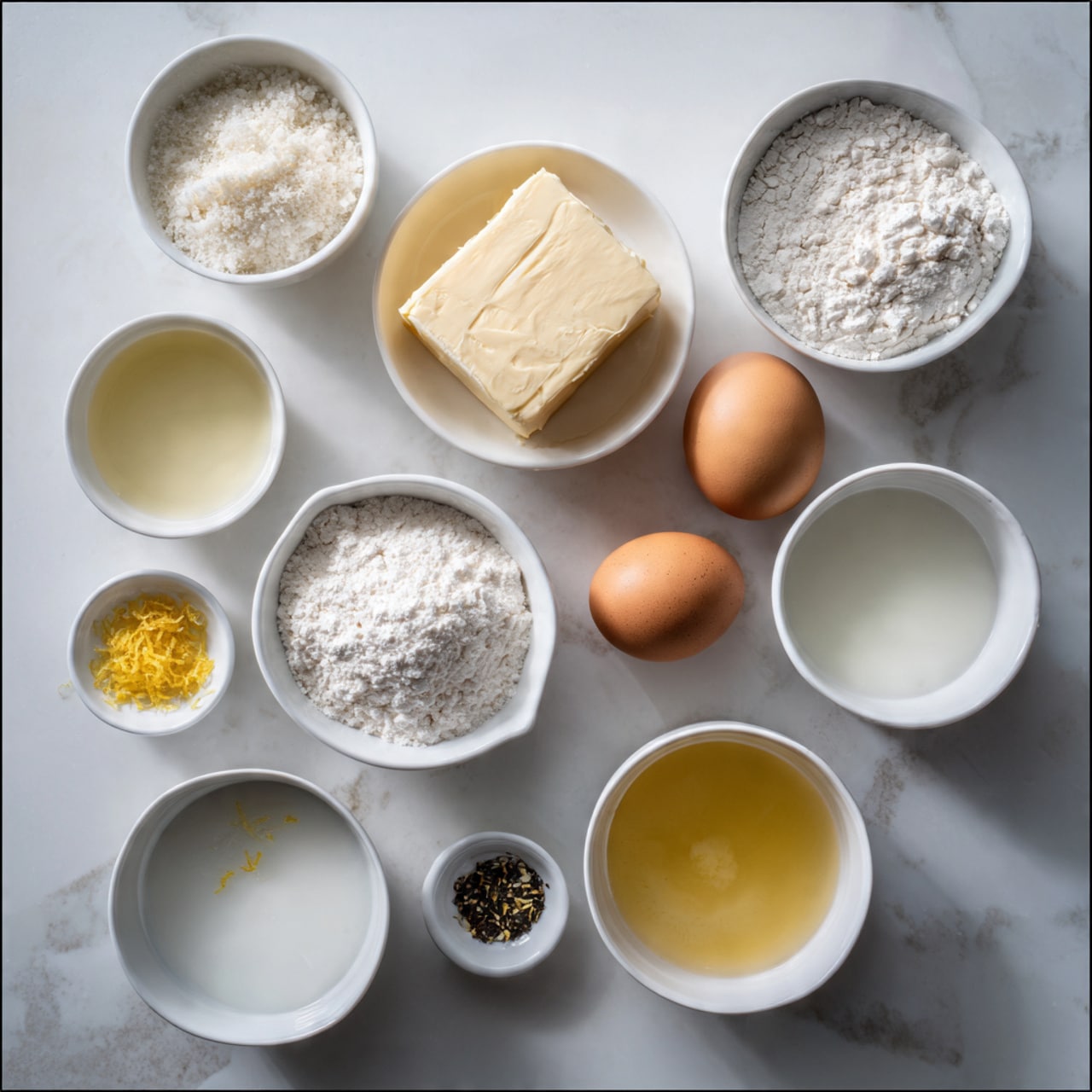 The image shows several white bowls arranged neatly on a white marbled surface. There are three light brown eggs placed closely together near the center. One bowl holds a large block of pale yellow butter, another is filled with white flour, and a few others contain different liquids in shades of clear, milky white, and pale yellow. Small white bowls hold finely yellow lemon zest and a small amount of black seeds. The overall look is clean and organized, with all the bowls and ingredients clearly visible. Photo taken with an iphone --ar 4:5 --v 7