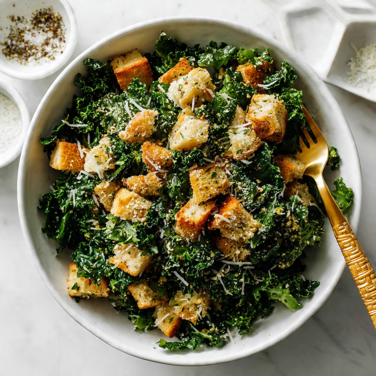 A white bowl holds a green kale salad mixed with small pieces of light golden brown croutons and sprinkled with fine white flakes of cheese. A gold fork with a woven handle rests inside the bowl on the right side, slightly lifting some of the salad. The bowl is set on a white marbled texture surface with three small white bowls visible at the top, containing coarse salt, light beige flakes, and pepper. Photo taken with an iphone --ar 4:5 --v 7