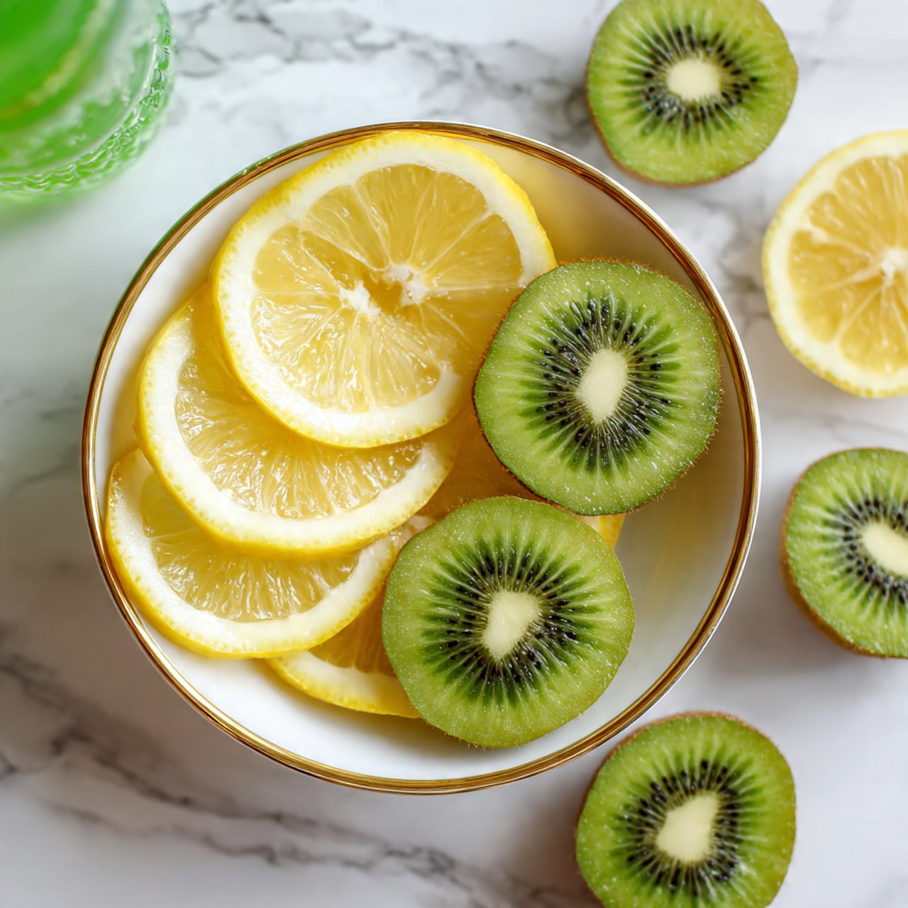 The image shows a white bowl with a gold rim filled with thin yellow lemon slices arranged in two groups; the left group has three lemon slices in a fan shape and the right group has two lemon slices. A green kiwi half with its skin intact rests on top of the lemon slices on the right side of the bowl. Around the bowl on a white marbled surface, there are three more green kiwi halves, each showing the bright green flesh and black seeds, and one lemon half with the yellow flesh clearly visible. The top left corner has a blurred green soda can partially visible. Photo taken with an iphone --ar 4:5 --v 7