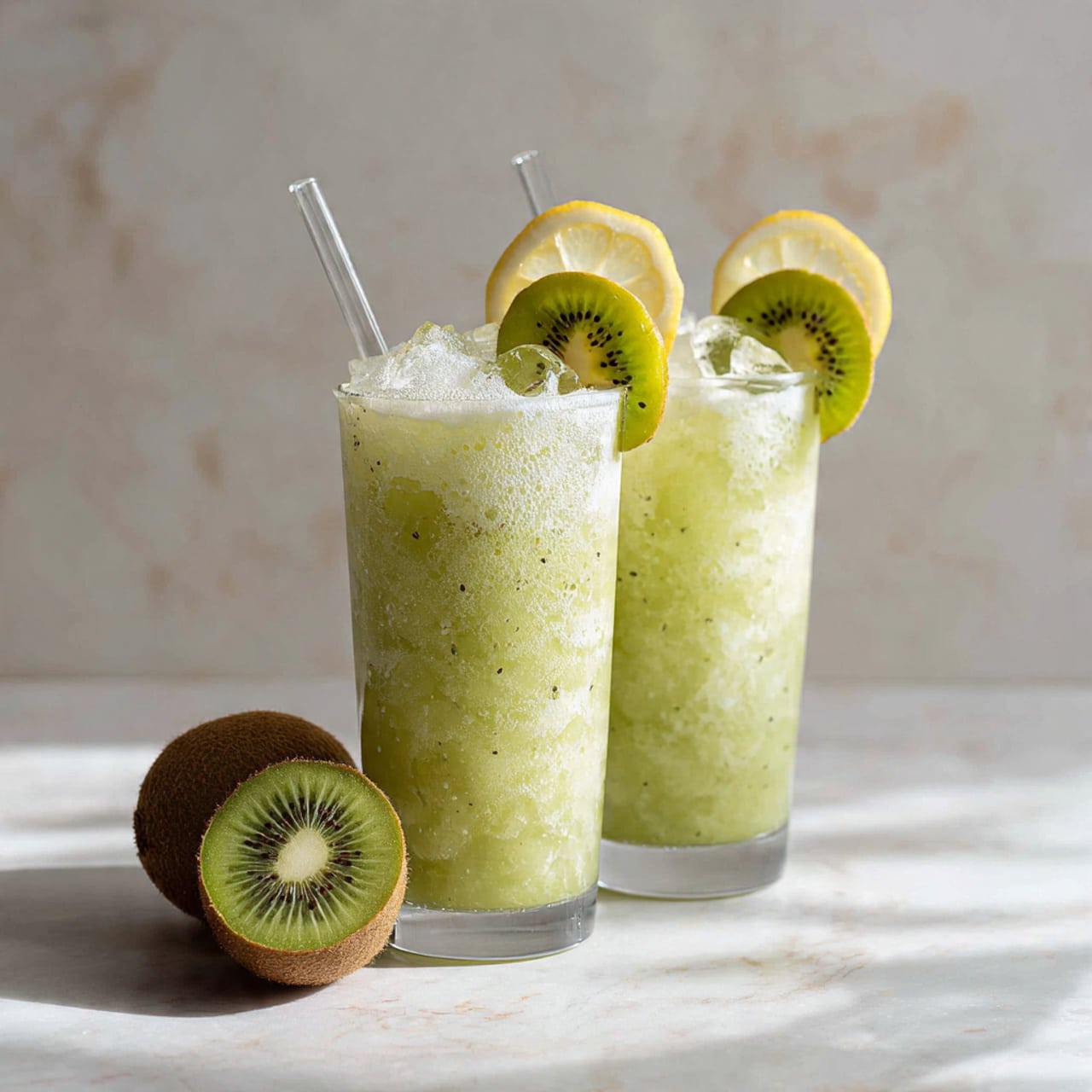 The image shows two clear glasses filled with a light green kiwi drink with ice cubes near the bottom. The drink has a foamy, light frothy layer on top. Each glass is topped with a thin slice of kiwi and a slice of lemon held on the rim. A clear glass straw sticks out of the front glass. Behind the glasses, there is a half kiwi fruit with a brown fuzzy skin and green inside. The setting is on a white marbled texture with soft light and shadows. photo taken with an iphone --ar 4:5 --v 7