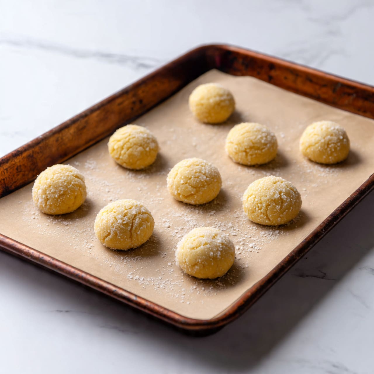 There is a rusty brown baking tray with a sheet of parchment paper on it. On the parchment paper, there are eight small round dough balls placed in a slightly loose grid pattern. The dough balls are light yellow in color and coated with a fine layer of sugar, giving them a slightly rough texture. The baking tray sits on a white marbled surface. photo taken with an iphone --ar 4:5 --v 7