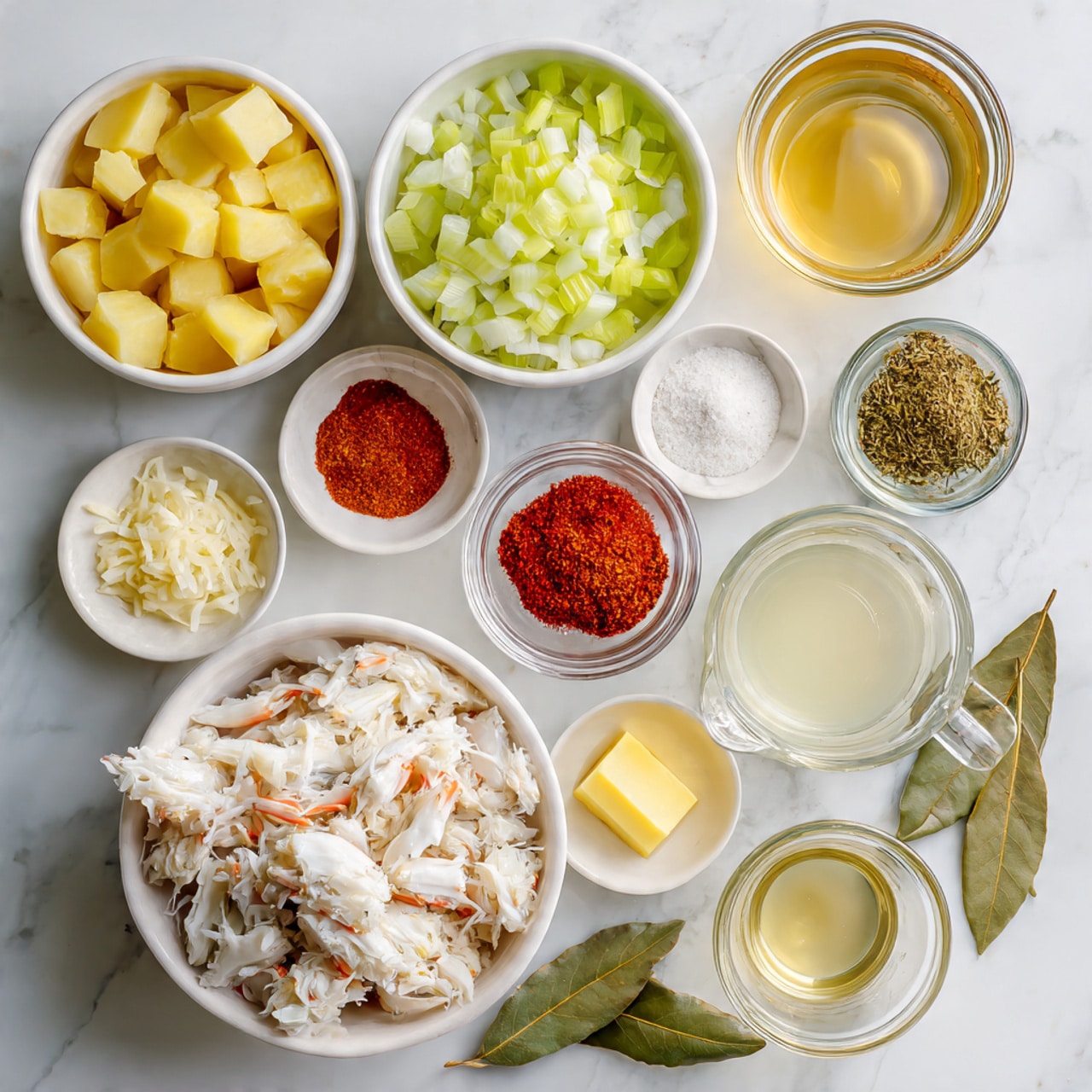 The image shows several small white bowls and clear glass containers arranged neatly on a white marbled surface, each holding different ingredients. The items include a bowl of diced yellow potatoes, a bowl of chopped light green celery, a bowl of chopped white onions, a bowl of bright red spice powder, a small bowl of yellow butter, a small bowl of minced pale yellow garlic, and a bowl filled with white crab meat with some brown and reddish bits. There are two clear glass measuring cups, one with light yellow broth and one with white liquid, and a small glass bowl containing a light brown liquid. Two dried bay leaves lie near the bowls. The setup is clean and bright. photo taken with an iphone --ar 4:5 --v 7