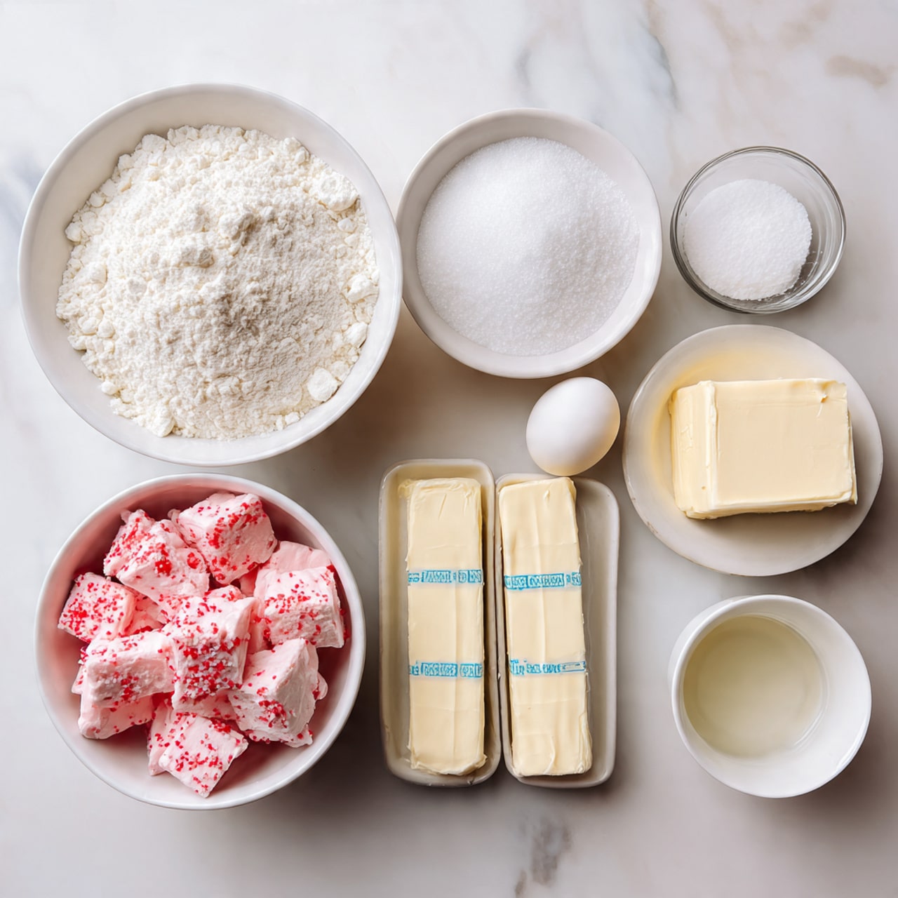 The image shows eight baking ingredients arranged neatly on a white marbled surface. On the top left, a large white bowl is filled with white flour, next to it on the right is a smaller white bowl filled with white sugar. Below the flour bowl, a white bowl is filled with broken pieces of pink-frosted cookies with red sprinkles. Between the cookie bowl and sugar bowl, two sticks of butter wrapped in paper with blue markings lie horizontally. On the bottom right, a small white bowl contains a block of cream cheese, and nearby, another small white bowl holds baking soda and salt. An egg sits just above the cream cheese bowl, and a tiny white bowl with a clear liquid is placed near the butter sticks. photo taken with an iphone --ar 4:5 --v 7
