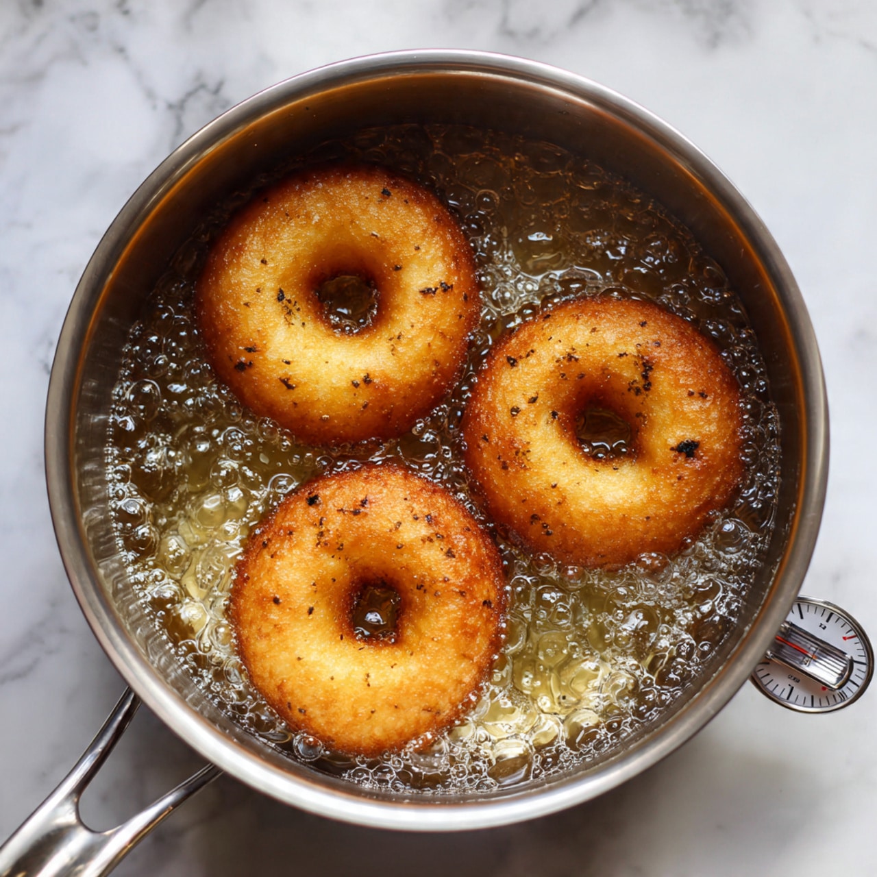 Three golden brown donuts with small black bits frying in bubbling hot oil inside a shiny metal pot. The donuts are round with a hole in the middle and have a crispy texture on the outside. The oil bubbles rise all around the donuts, giving a sense of hot frying action. A metal thermometer is clipped on the side of the pot, partially visible. The background surface is white marbled texture. photo taken with an iphone --ar 4:5 --v 7