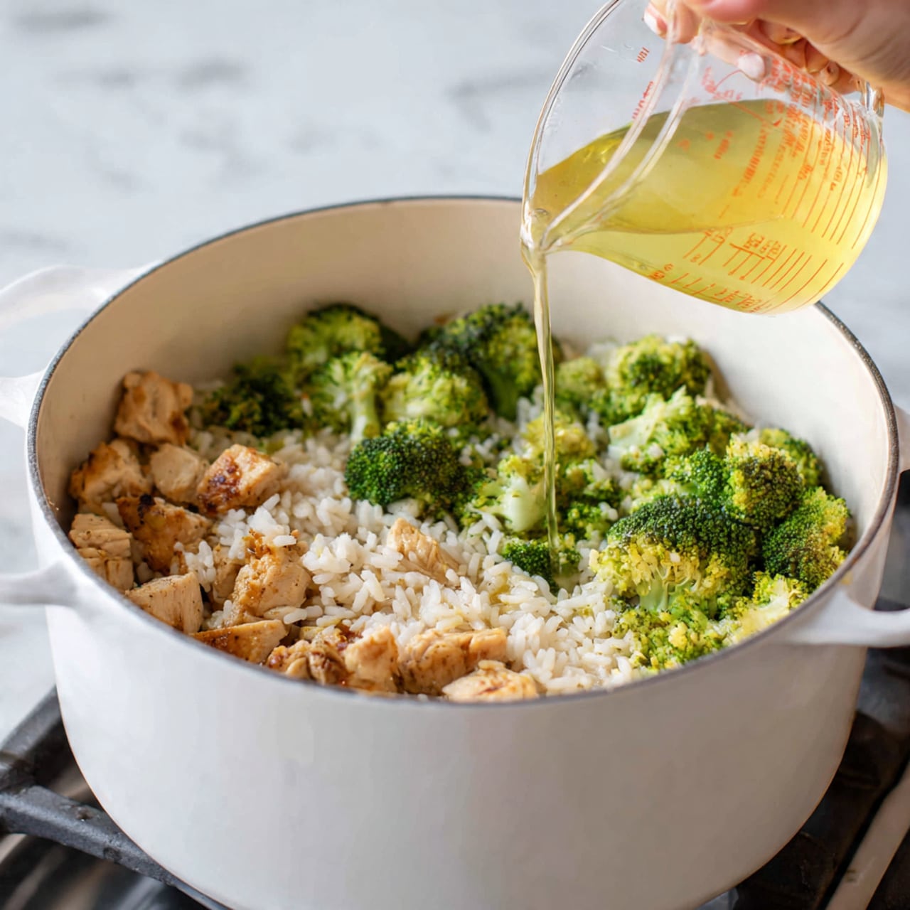 A large white pot sits on a stove filled with three layers: the bottom layer is cooked white rice, the middle layer is browned chunks of chicken, and the top layer is bright green broccoli florets. A clear measuring cup with light yellow liquid is being poured into the pot by a woman's hand. The background is a white marbled texture. Photo taken with an iphone --ar 4:5 --v 7