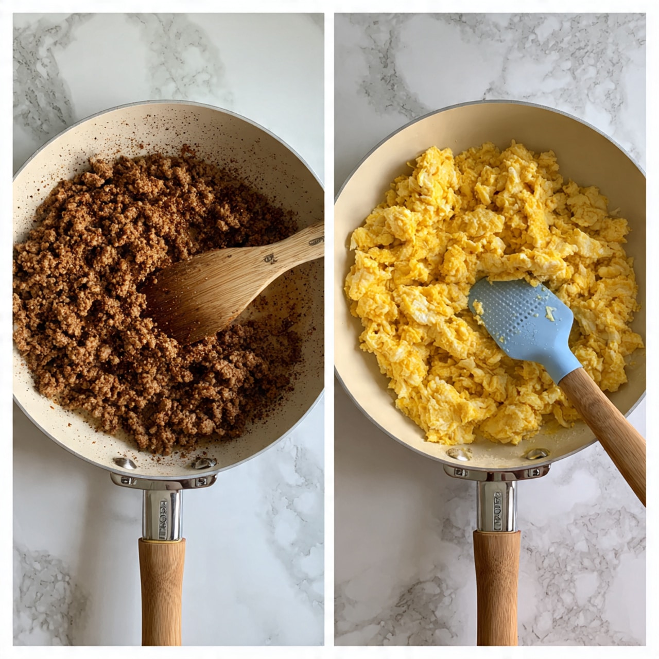 The image shows two white pans placed side by side on a white marbled surface. The left pan contains browned ground meat with a slightly crumbly texture and bits of black pepper, along with a wooden spoon resting on top. The right pan holds soft scrambled eggs that are fluffy and a bright yellow color, with a blue spatula with a wooden handle resting in the eggs. Both pans have silver handles pointing downward and are viewed from above. Photo taken with an iphone --ar 4:5 --v 7
