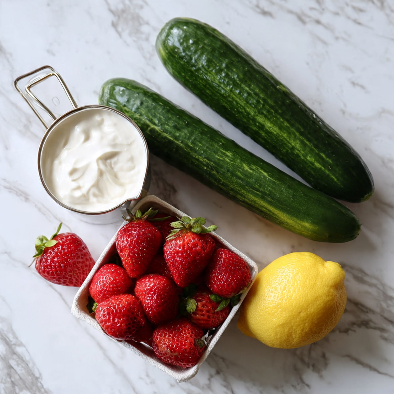 The image shows fresh ingredients on a white marbled surface: two long, dark green cucumbers, one bright yellow lemon, a small white metal measuring cup filled with thick white cream, and a small white plastic basket filled with bright red strawberries with green stems. The items are arranged casually but clearly visible, with the strawberries taking the most space, and the measuring cup's handle pointing toward the bottom left corner. Photo taken with an iphone --ar 4:5 --v 7