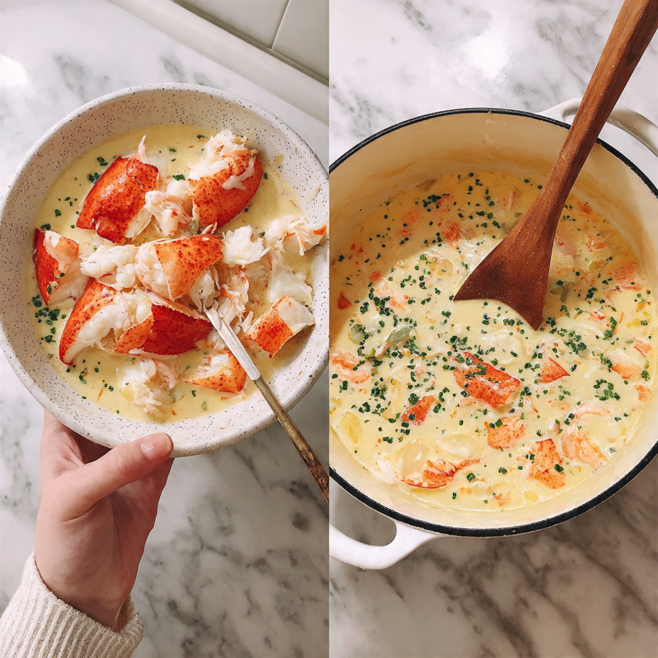 The first image shows a speckled white plate being held by a woman's hand, with chunks of raw pale lobster meat and bright reddish-orange lobster shell pieces over a large white pot filled with a creamy light yellow liquid. A wooden spoon rests inside the pot, mixing the sauce. The second image displays a creamy thick soup in the same white pot with visible layers including chunks of orange squash, white potato pieces, white lobster meat, and green garnish finely chopped and sprinkled on top. A wooden spoon is partially submerged in the soup. The background and surface have a white marbled texture. photo taken with an iphone --ar 4:5 --v 7
