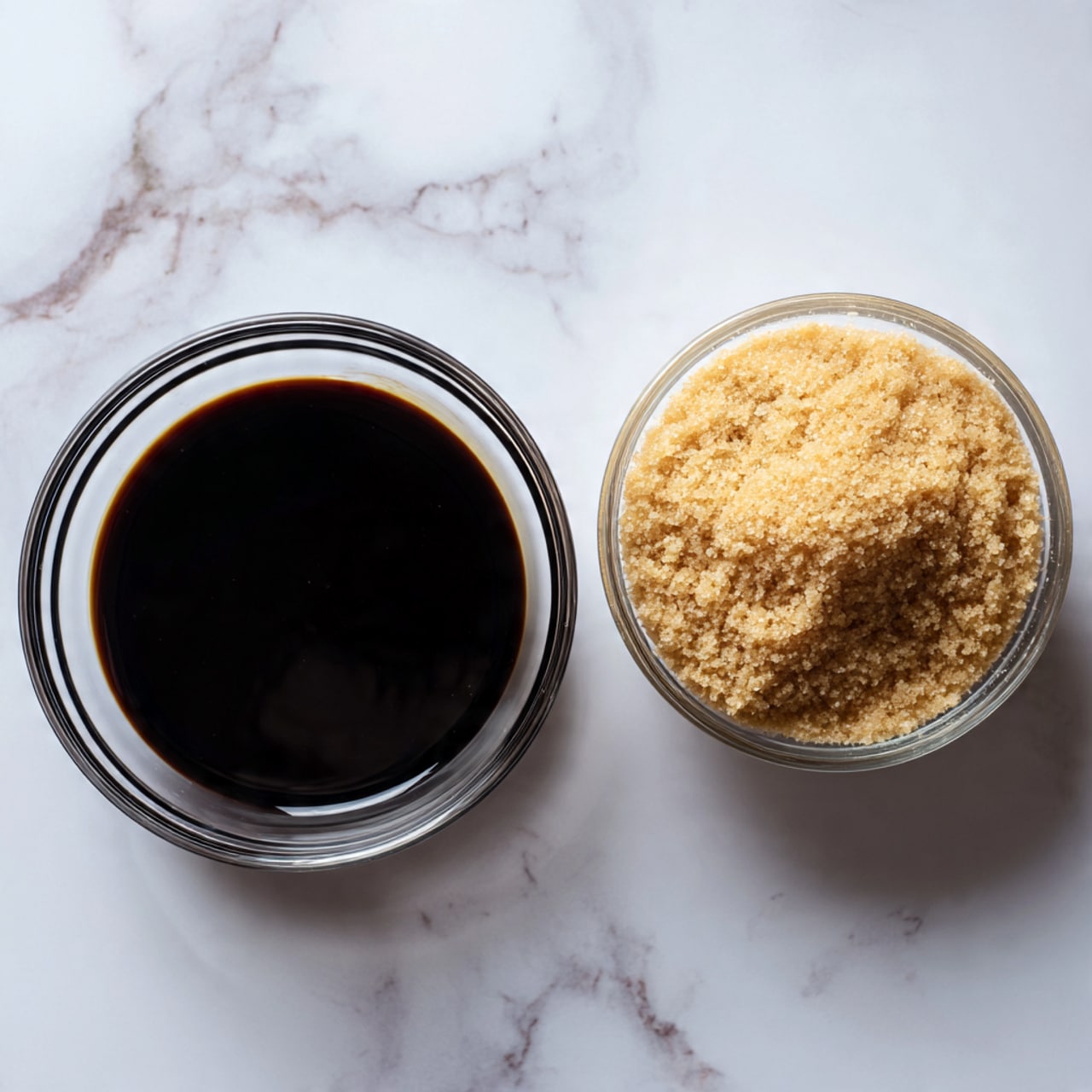 The image shows two clear glass bowls placed on a surface with white marbled texture. On the left is a larger bowl filled with a smooth, deep black liquid that reaches almost to the rim, reflecting some light. On the right, a smaller bowl holds golden brown sugar with a slightly coarse and grainy texture, mounded slightly above the bowl's edge with a small indentation in the middle. Both bowls are positioned side by side with enough space between them to clearly show the white marbled background. photo taken with an iphone --ar 4:5 --v 7