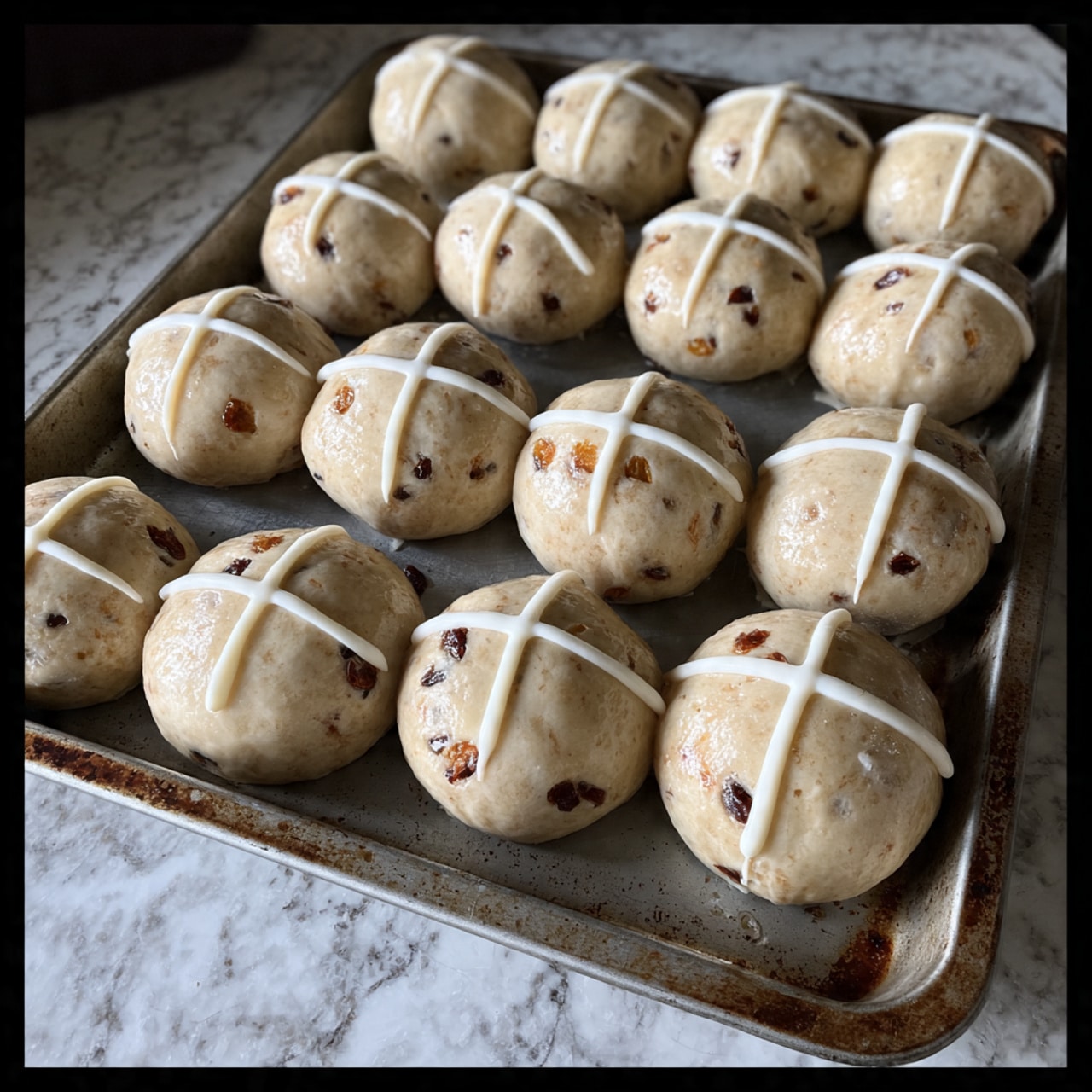 The image shows a metal baking tray laid on a white marbled surface, filled with 15 round dough balls arranged in three rows of five. Each dough ball is light beige with a slightly rough texture and some dark spots from dried fruit pieces. A white icing cross is piped on top of each dough ball, with horizontal and vertical lines crossing neatly. The dough balls are close together but not touching, and the tray edges are visible, showing some wear. Photo taken with an iphone --ar 4:5 --v 7