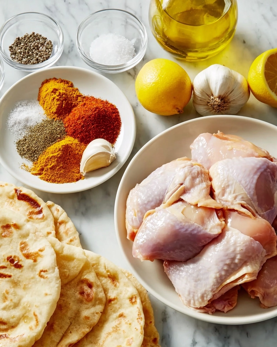 A white plate holds several raw chicken pieces with pale pink and white skin, placed on a white marbled surface. Next to the plate, a white bowl contains a mix of colorful spices layered separately, showing shades of red, orange, brown, and yellow powders arranged side by side. Nearby are two whole yellow lemons, one cut in half showing a bright interior, and a few garlic cloves with skin. In the background, a clear glass bottle filled with golden olive oil and two small clear bowls with white salt and crushed black pepper sit close together. In the foreground, several round, lightly toasted pieces of flatbread with golden brown spots are partially stacked. Photo taken with an iphone --ar 4:5 --v 7