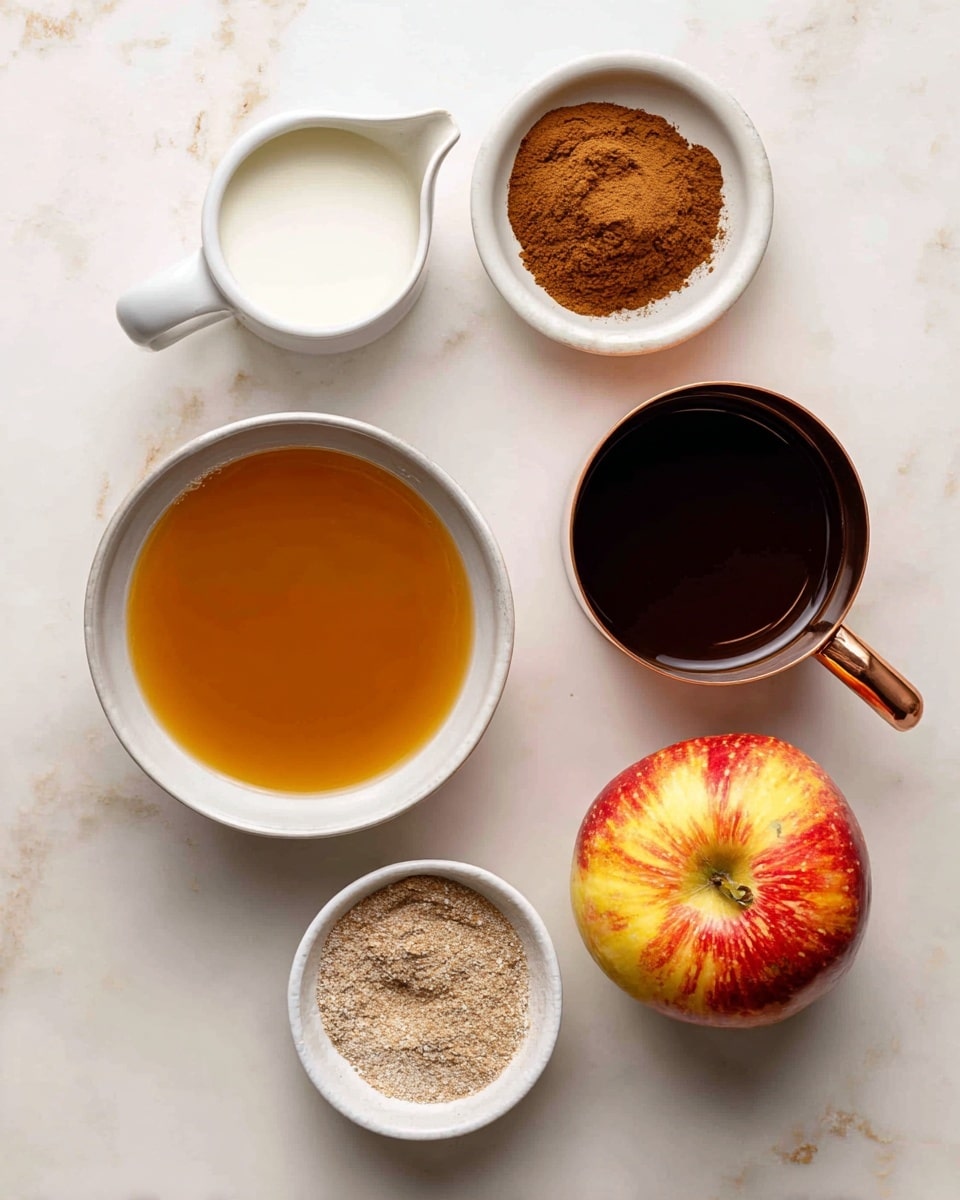 The image shows six ingredients arranged on a white marbled surface: in the center is a white bowl with golden orange apple cider, near the bottom left is a white bowl with dark brown maple syrup, above it on the left is a white measuring cup holding white oat milk, to the right of the oat milk is a small white bowl with cinnamon powder that looks light brown and powdery, near the bottom right is a whole apple with red and yellow skin, and above the apple is a copper measuring cup filled with dark chai concentrate. Each item’s texture and color are distinct and clearly visible. photo taken with an iphone --ar 4:5 --v 7