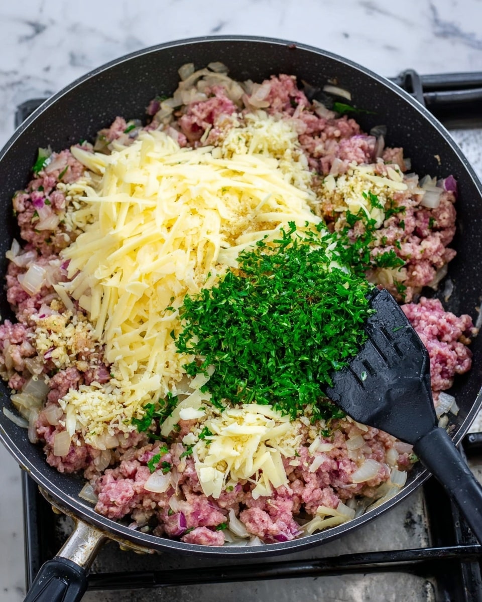 In a black frying pan on a stove with a metal grate, there is a mixture of ground meat that is light pink and partially cooked with small bits of translucent cooked onions mixed in. On top of the meat, there is a thick layer of pale yellow shredded cheese and dollops of grainy light brown mustard scattered around. Bright green chopped parsley is sprinkled on top of the cheese and mustard, adding a fresh contrast. A black spatula is resting inside the pan near the edge. The background surface is a white marbled texture. Photo taken with an iphone --ar 4:5 --v 7