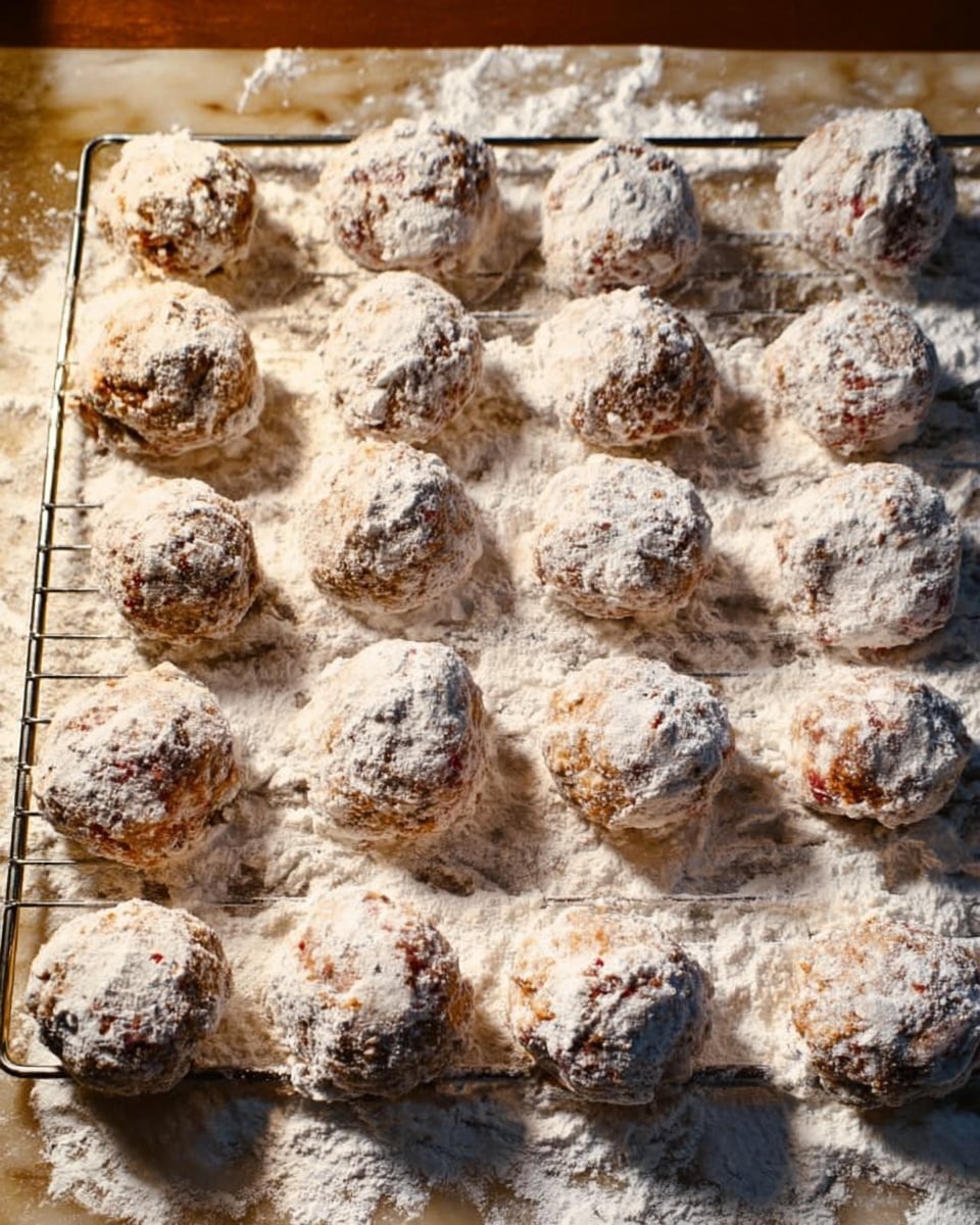 The image shows 27 uncooked meatballs, each covered in white flour, arranged in rows on a metal cooling rack. The meatballs are roughly round with uneven textures and spots of raw red meat visible through the flour coating. The rack sits on a white marbled textured countertop dusted with flour. The lighting is warm, casting soft shadows around the meatballs and highlighting their powdery flour layer. Photo taken with an iphone --ar 4:5 --v 7