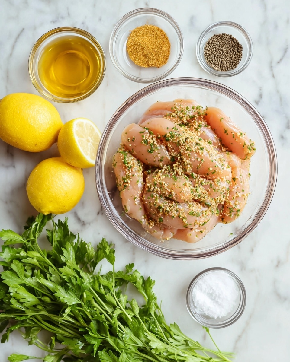 A clear glass bowl sits in the center filled with raw light pink chicken strips covered with small herbs and coarse spices. Around the bowl there are four small clear glass containers holding different ingredients: a golden liquid at the top, a coarse mustard yellow sauce on the left, black pepper seeds on the right, and white salt beside it. On the white marbled surface, two bright yellow lemons are placed to the left with one whole and one sliced in half, showing the juicy seeds inside. To the bottom right, there is a bunch of fresh, dark green parsley with many leaves and stems photo taken with an iphone --ar 4:5 --v 7
