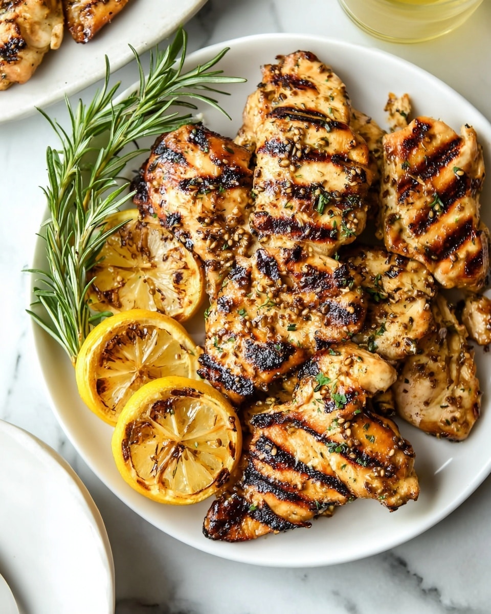 The dish shows a white plate filled with grilled chicken pieces that have dark grill marks and a shiny, slightly sticky texture with herbs and mustard seeds sprinkled on top. Layered on one side are several grilled lemon slices with light charring and a yellowish color. Two green sprigs of fresh rosemary lie on top of the chicken near the lemon slices. The plate is placed on a white marbled surface with a partial view of a white plate and a bowl in the background. The overall colors are warm with golden browns, yellows, and green accents. Photo taken with an iphone --ar 4:5 --v 7