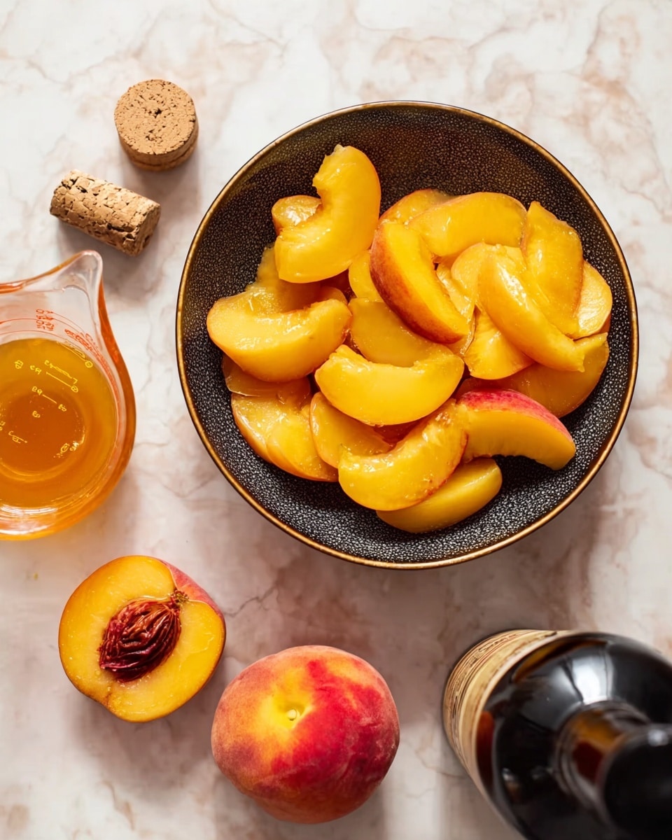 The image shows a dark bowl filled with many yellow-orange peach slices with some red near the edges. Below the bowl are two peach halves showing the brown pits inside, and one whole peach with a red blush. To the right of the bowl is a glass measuring cup with orange liquid inside and a cork beside it, and at the bottom right is the top of a dark bottle. All items are placed on a white marbled surface. Photo taken with an iphone --ar 4:5 --v 7