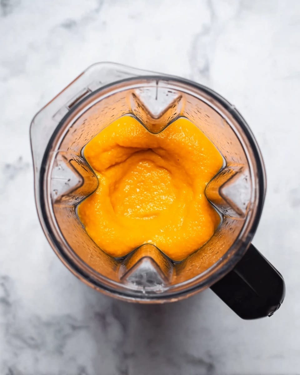 A clear blender jar is shown from above, containing a single thick layer of bright orange puree with a smooth and slightly shiny texture. The jar rests on a white marbled surface, and the black handle of the blender is visible on the right side. The puree fills about one-quarter of the jar's height, centered within the jar's four distinct blade grooves. photo taken with an iphone --ar 4:5 --v 7