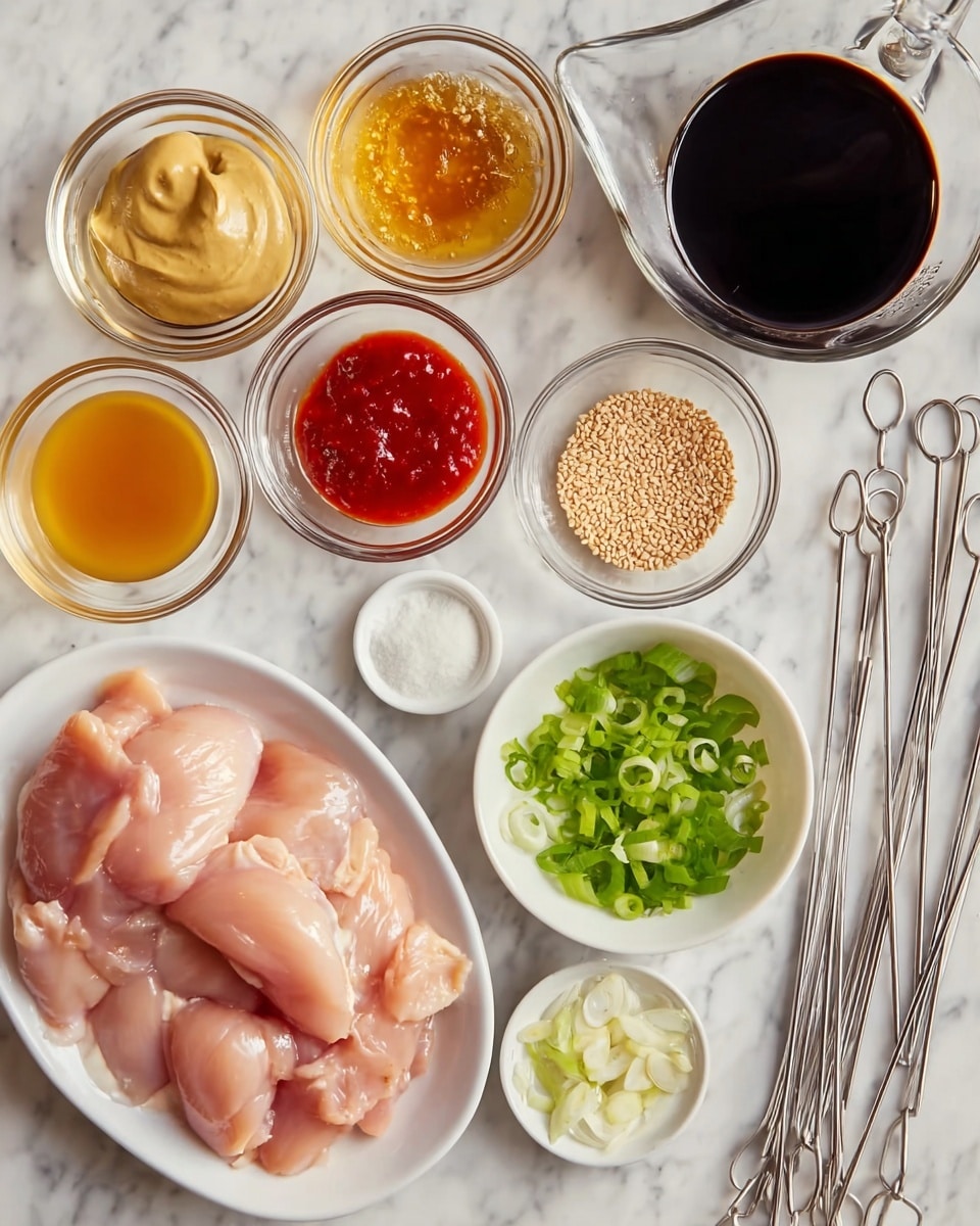 The image shows raw light pink chicken pieces placed in a white oval plate at the bottom left. Around the plate, there are small clear glass bowls containing different ingredients: smooth beige mustard, dark amber liquid, clear liquid, golden honey with bubbles, light brown toasted sesame seeds, finely chopped white garlic, and bright red sauce. A small white bowl is filled with fresh green sliced scallions near the middle right. On the right side, several silver metal skewers are placed on the white marbled surface. At the bottom right, a clear glass measuring cup holds a dark soy sauce-like liquid. The whole setup is arranged neatly on a white marbled surface, creating a clean and organized look. photo taken with an iphone --ar 4:5 --v 7