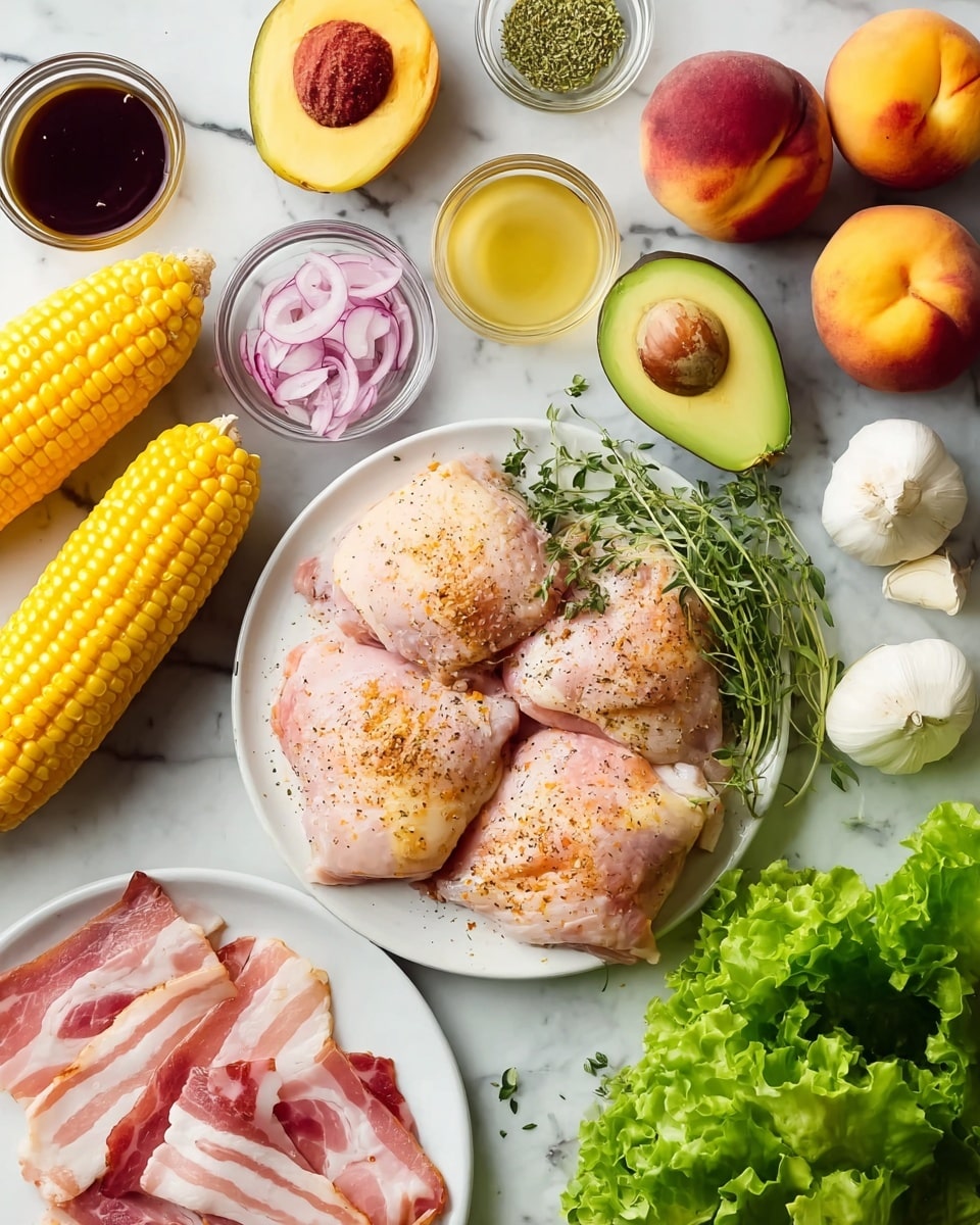 The image shows raw seasoned chicken thighs placed on a white round plate with sprigs of fresh green herbs. Near the plate, there are two corn cobs with yellow and white kernels, a halved avocado with dark green skin and light green flesh, and two peach halves along with a whole peach displaying a bright orange color with a reddish blush. Small glass bowls contain thin red onion slices, mustard, dried herbs, mayonnaise, honey, and a dark sauce. A separate white plate holds slices of raw bacon with pink and white marbled fat. Garlic cloves and fresh green lettuce leaves are also scattered around, all set on a white marbled surface. photo taken with an iphone --ar 4:5 --v 7