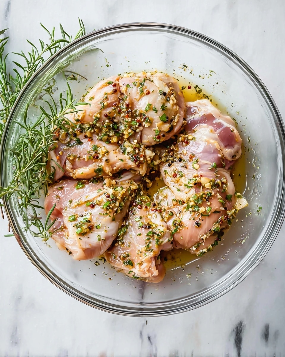 A clear glass bowl sits on a white marbled surface, filled with four large pieces of raw, pale pink chicken thighs covered in a marinade. The marinade is a mix of small green herb bits, crushed garlic, and black pepper flakes scattered across the chicken, with some liquid pooling slightly around the meat. Fresh green herbs surround the bowl, adding a natural touch. The chicken pieces are layered unevenly, with some overlapping and showing fat parts with creams and yellows. photo taken with an iphone --ar 4:5 --v 7