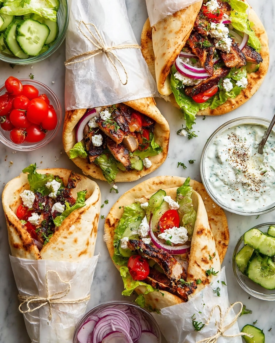 The image shows four flatbread wraps on a white marbled surface, three of which are partially wrapped in white parchment paper and tied with light string while one is open. Each wrap has layers starting with golden-brown flatbread, topped with green leafy lettuce, thin cucumber slices, grilled strips of dark charred chicken, halved red cherry tomatoes, thin purple onion slices, and crumbled white cheese. Surrounding the wraps are small clear bowls with sliced cucumbers, sliced red onions, chopped green lettuce, and halved cherry tomatoes. There is also a small white bowl filled with a creamy white sauce sprinkled with herbs and black pepper. photo taken with an iphone --ar 4:5 --v 7