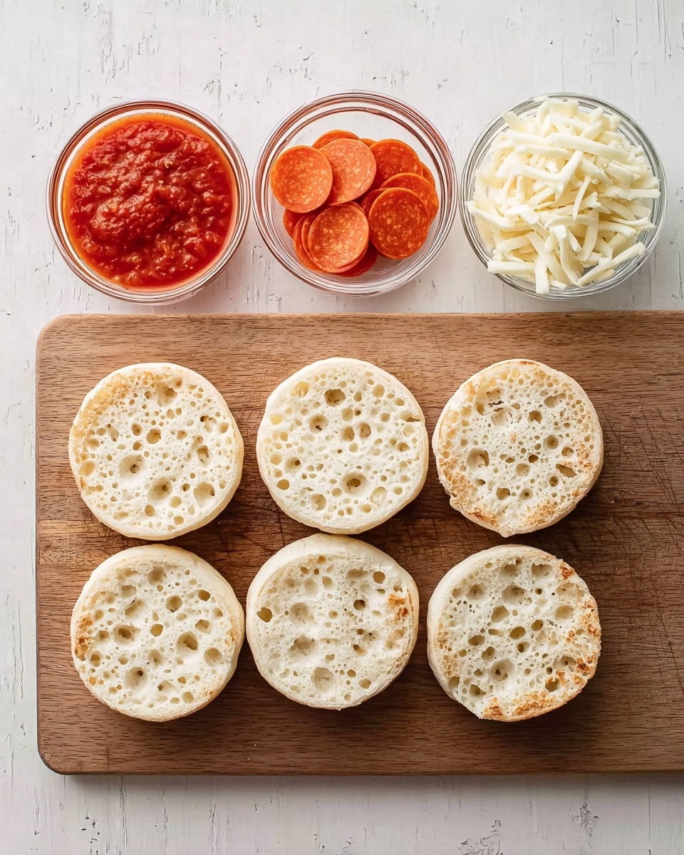 The image shows a wooden cutting board placed on a white marbled surface. On the board, there are eight halved crumpets arranged in two rows, each showing a light beige color with many small holes and a slightly rough texture on the top. Above the cutting board, three glass bowls sit in a row: the left bowl contains a smooth red tomato sauce, the middle bowl has round slices of orange pepperoni, and the right bowl is filled with shredded white cheese. The setup is clean and neatly organized, with simple, soft lighting highlighting the textures of the food. Photo taken with an iphone --ar 4:5 --v 7
