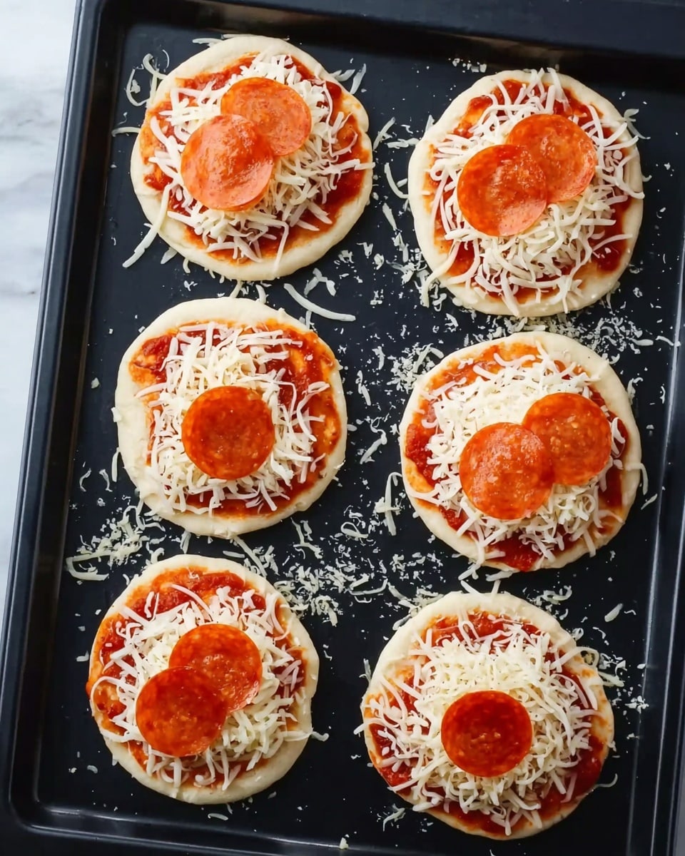 The image shows eight small round mini pizzas arranged neatly on a black baking tray. Each mini pizza has three layers: the bottom layer is light beige dough shaped in small circles, topped with a red tomato sauce layer that is slightly visible around the edges, then a thick layer of shredded white cheese covering the tomato sauce, and finally two round slices of bright orange pepperoni placed on top of the cheese. Some grated cheese has spilled around the pizzas on the tray. The background is a white marbled surface. photo taken with an iphone --ar 4:5 --v 7