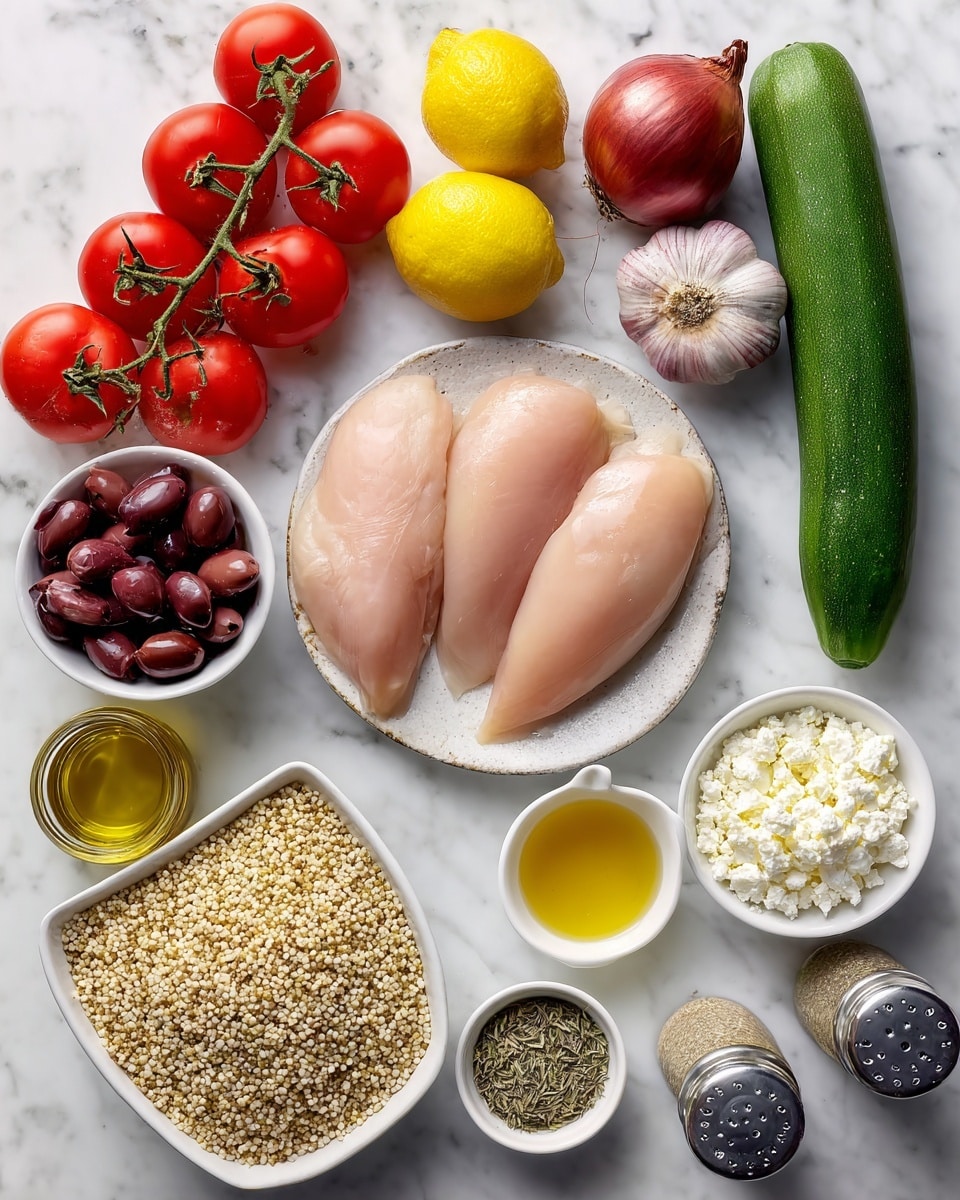 The image shows fresh ingredients arranged on a white marbled surface, labeled clearly. In the center, there is a round white plate holding three smooth, pale pink chicken breasts. To the left, a bunch of bright red tomatoes with green stems, two yellow lemons, and a small white bowl filled with dark purple Kalamata olives are placed. Above the chicken, a small whole red onion and two bulbs of garlic rest. To the right, a long, dark green cucumber stands next to a small white bowl filled with crumbly white feta cheese and a tiny white cup holding light golden honey. Below, there is a large white square bowl full of light beige quinoa, with two small white bowls of dried oregano and dried basil nearby. Finally, below the lemons, a glass bottle of olive oil and silver salt and pepper shakers complete the scene. photo taken with an iphone --ar 4:5 --v 7