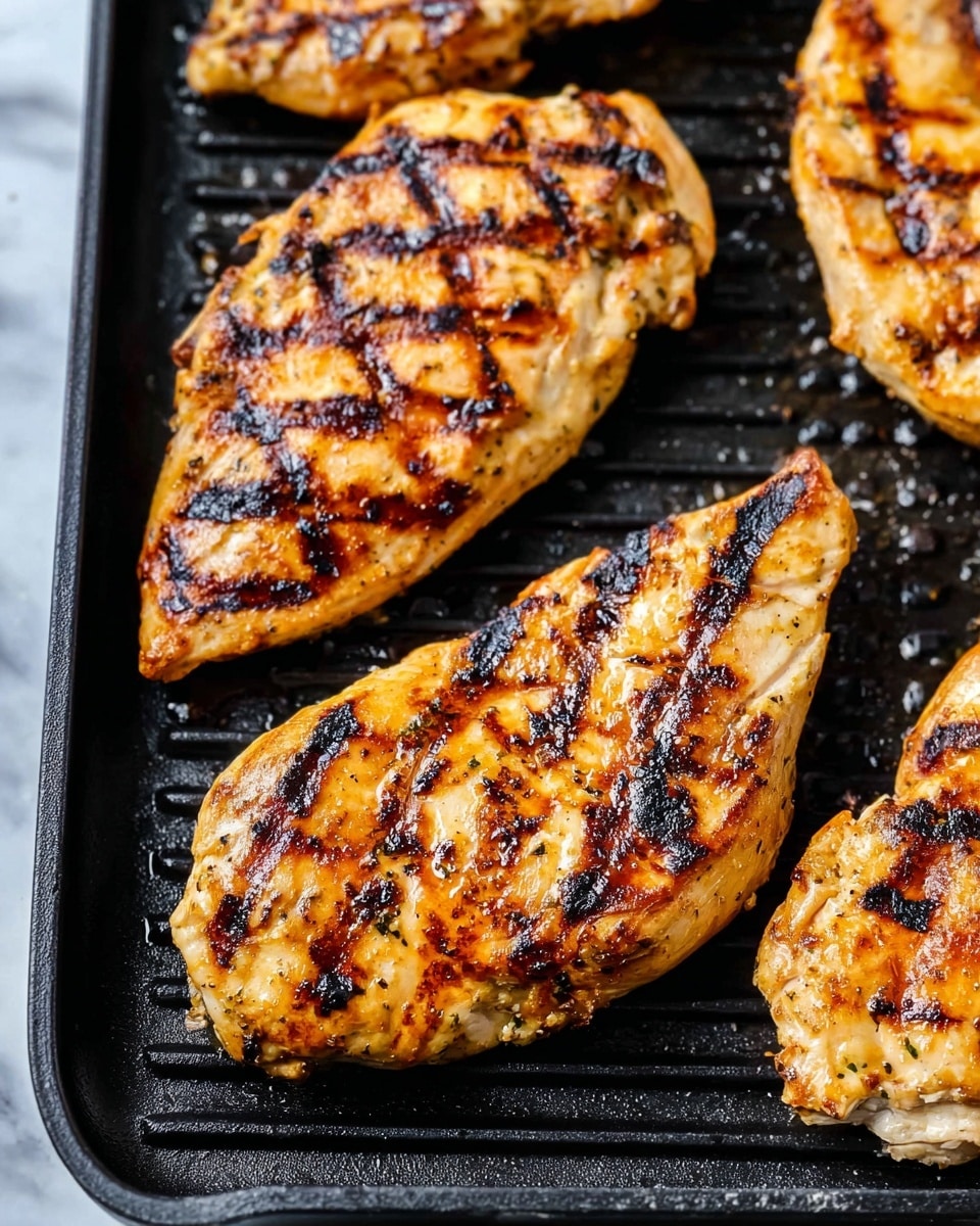 The image shows four pieces of grilled chicken on a black grill pan. Each piece is golden brown with dark, thick grill marks running diagonally across the surface, showing charred spots and a slightly glossy texture from juices. The chicken pieces are plump and vary slightly in shape, with some having rough edges. The grill pan beneath has a ridged texture and thin lines of slight oil shine between the chicken pieces. The background is a white marbled texture. Photo taken with an iphone --ar 4:5 --v 7