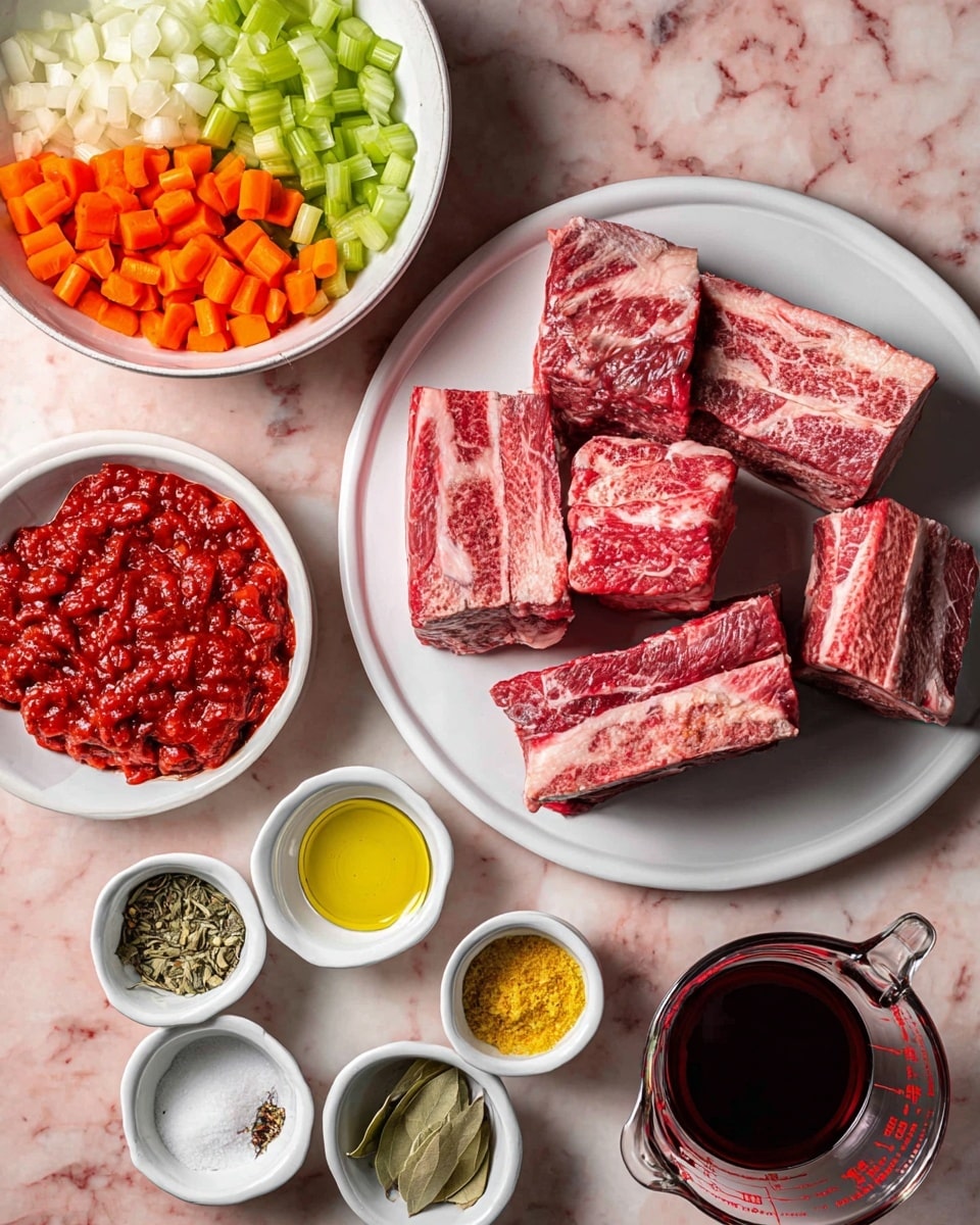 A round white plate holds five pieces of raw beef short ribs with white fat and red meat marbled through, arranged in a loose pile in the center. To the left, a white bowl contains diced onions, orange carrots, and green celery in separate sections. Above that, a clear glass bowl is filled with bright red crushed tomatoes. Below the white bowl are several small white ramekins, each holding different ingredients: golden olive oil, dark red sun-dried tomatoes, light yellow minced garlic, white salt crystals, and green dried bay leaves. Two glass measuring cups sit in the lower part of the image, one filled with dark red wine and the other with brown liquid broth. The surface beneath everything is a white marbled texture. photo taken with an iphone --ar 4:5 --v 7