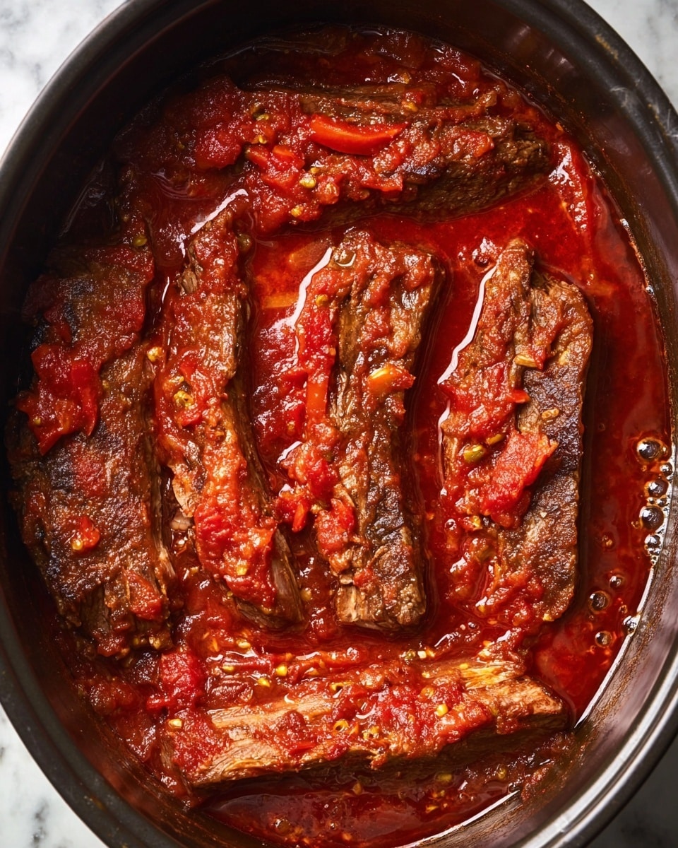 The image shows five large pieces of cooked meat, arranged in a single layer inside a dark cooking pot. Each piece is covered with a thick red tomato-based sauce that has chunks of onions, peppers, and spices visible throughout. The meat looks tender and slightly dark brown from cooking, while the sauce is bright red and slightly chunky, filling all the spaces between the strips. The entire pot sits on a white marbled surface, with some sauce bubbles visible around the edges. photo taken with an iphone --ar 4:5 --v 7