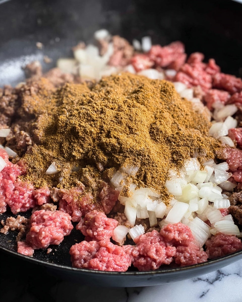 A close-up view of a black frying pan with raw ground meat and chopped white onions, mostly spread across the bottom and sides of the pan. On top of the meat and onions, near the center, there is a large pile of brownish-yellow spices, giving a powdery texture, partially covering the pink and white ingredients underneath. Steam rises slightly from the pan, indicating heat and cooking in progress. The background is a white marbled texture. Photo taken with an iphone --ar 4:5 --v 7