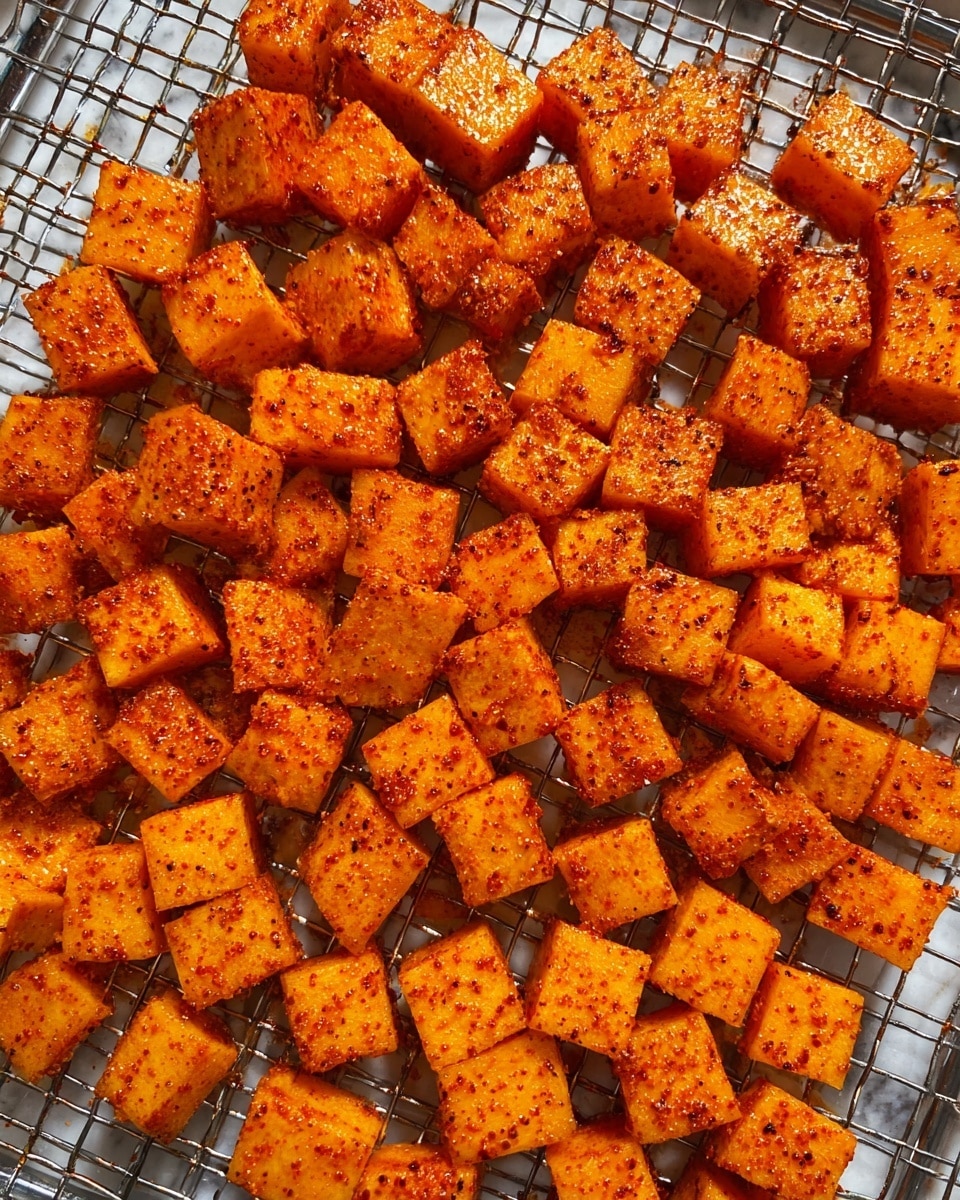This image shows many small, cubed pieces of orange-colored food coated in a shiny, red spice mix. The cubes are evenly spread out on a metal mesh surface, arranged close to each other but not overlapping. The texture of the cubes looks firm and smooth with a slightly glossy finish from the spices, giving a vibrant and appetizing look. The metal mesh beneath has a grid pattern and the background features a white marbled surface. Photo taken with an iphone --ar 4:5 --v 7