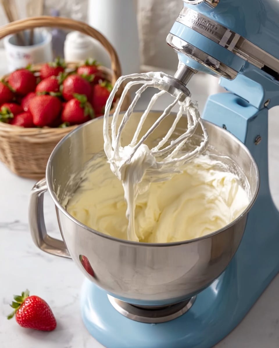 A close-up view shows creamy white whipped cream being added from a white container into a large silver mixing bowl attached to a blue stand mixer. The mixer’s metal whisk attachment, coated with smooth, thick cream, is raised above the bowl. In the background, there is a small basket of fresh, red strawberries and one strawberry sitting on a white marbled surface. The scene is bright and clean. Photo taken with an iphone --ar 4:5 --v 7