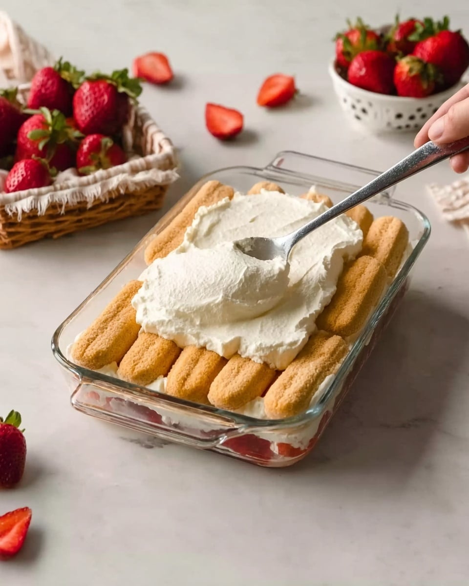 The image shows a clear glass rectangular dish filled with several layers of light brown ladyfinger biscuits neatly lined up side by side at the bottom. On top of the biscuits, there is a thick, even layer of white creamy mixture being spread with a metal spoon held by a woman's hand. Around the dish, there are fresh red strawberries, both whole and sliced, and a small white basket containing whole strawberries in the background. The whole scene is set on a white marbled surface with soft, natural light. Photo taken with an iphone --ar 4:5 --v 7